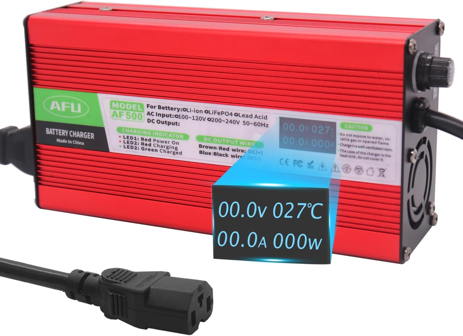 AFU 71.4V 5A 60V Li-ion Battery Charger with Cooling Fan Output C13 N+L- Connector Used for 17S 60V Lithium Battery