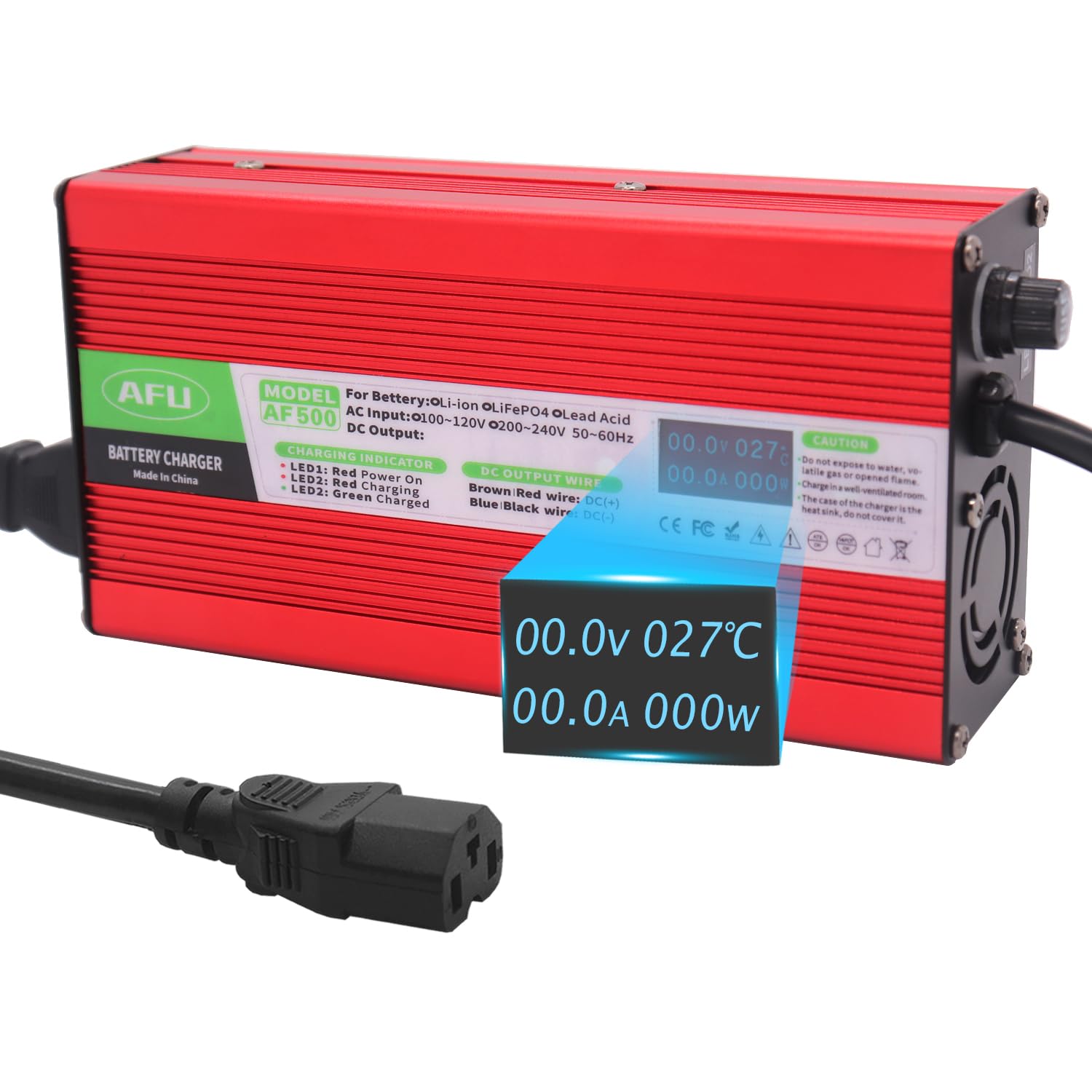 71.4V 5A Charger 60V Li-ion Battery Charger with Cooling Fan Output C13 N+L- Connector Used for 17S 60V Lithium Battery