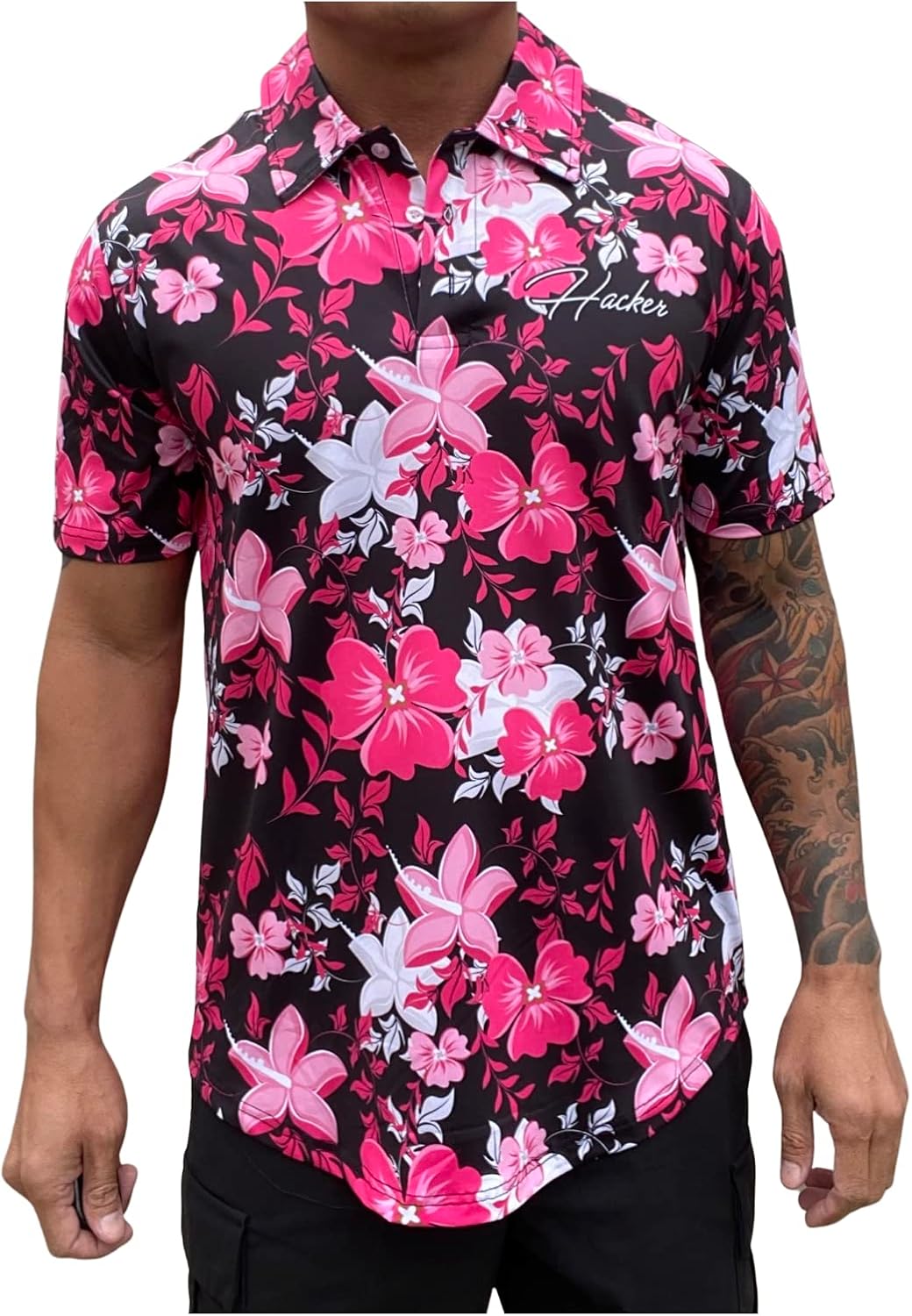 HackerGolf Men’s Fitted Golf Polo and Hawaiian Floral Button Downs – Moisture-Wicking, All-Over Print, Athletic Fit