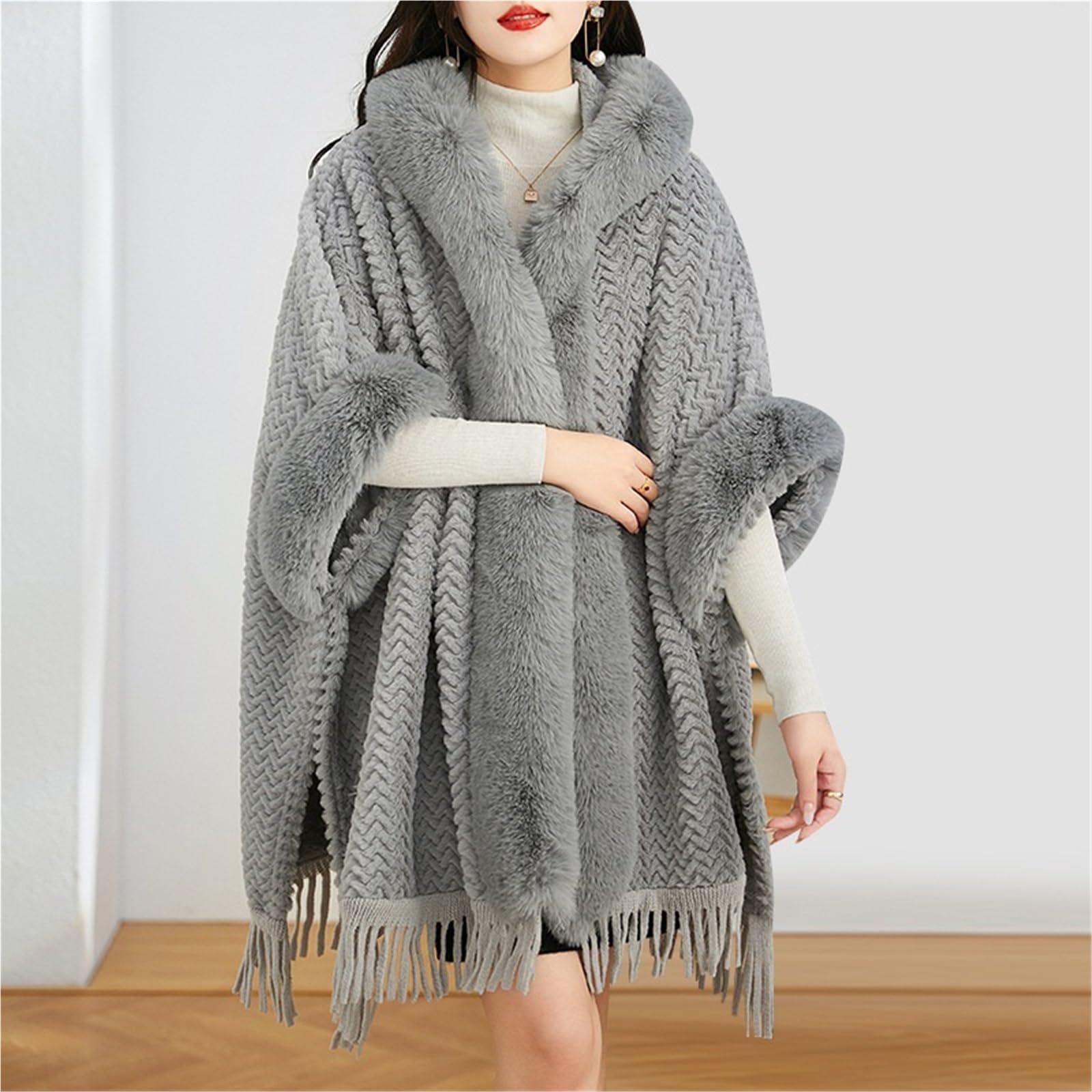 Poncho Donna Poncho Invernale Caldo e Spesso, Mantello di Velluto da Donna, Soprabito con Nappe pelose, Collo in Pelliccia Sintetica