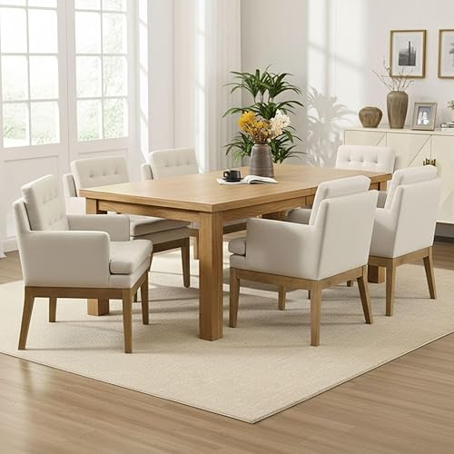 Miniatura 11 de Juego de 4 sillas de comedor color beige, sillas de comedor modernas de mediados de siglo con brazos, sillas de cocina tapizadas estilo casa de Lino