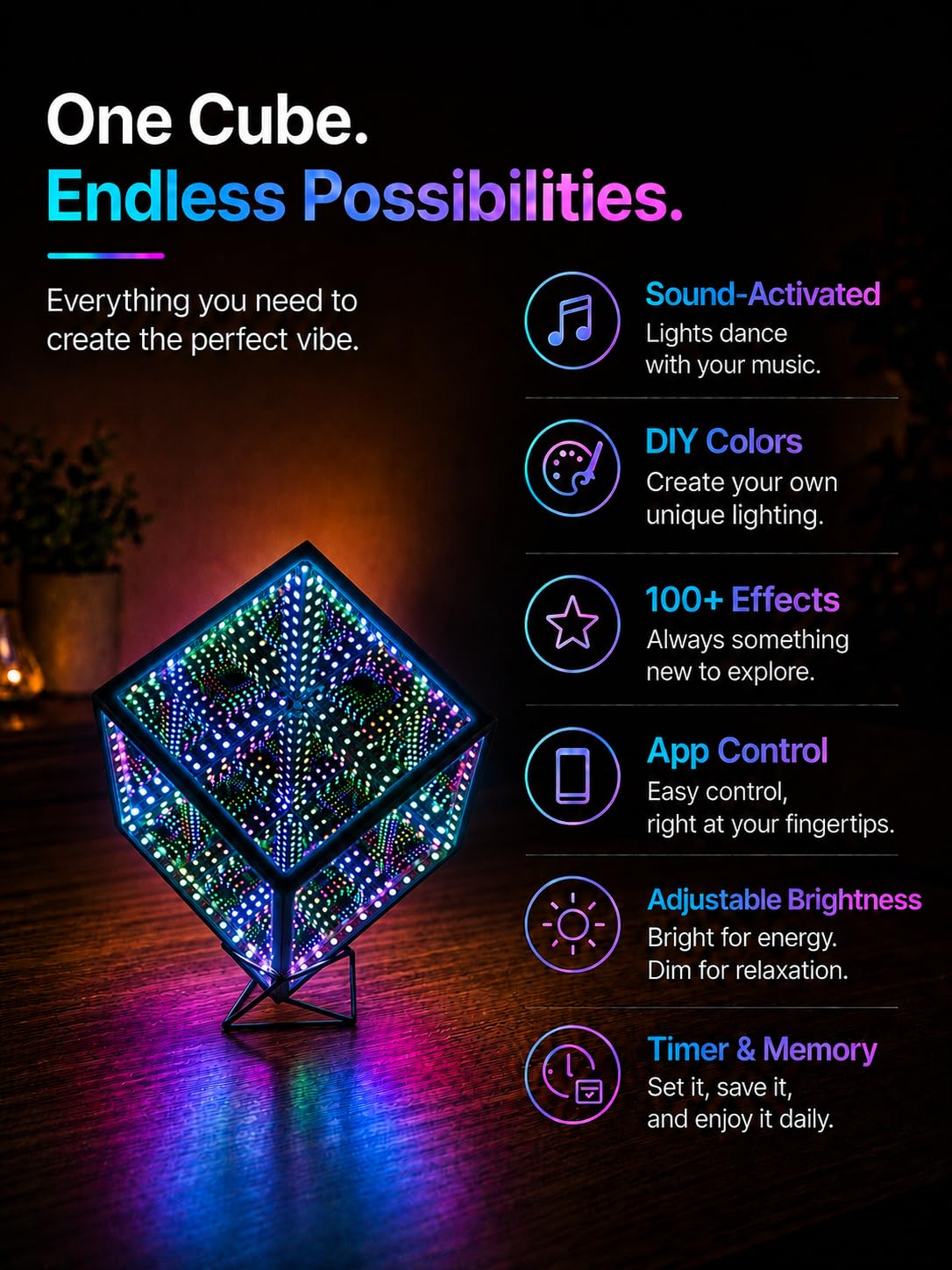 Hyper Cube kontroler LED ze stojakiem, kontrolerem, dźwiękiem i aplikacją, reaktywna lampa stołowa, fajna i kreatywna, wielokolorowe dekoracyjne lustro, artystyczne, na biurko, lampka nocna (15 cm)