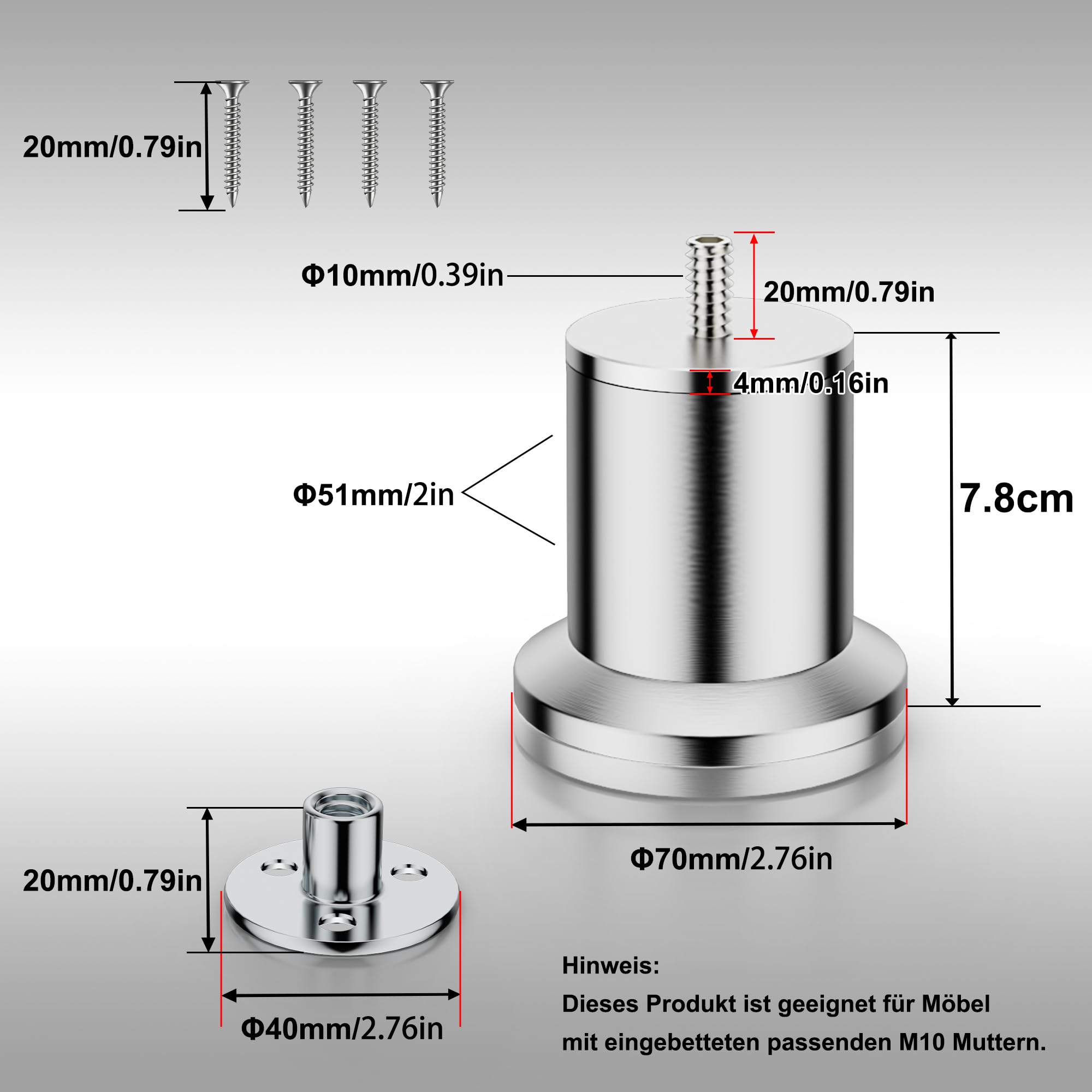 Piedino Per Mobili 25x25 Mm, Lungh. 190 Mm, Acciaio Inox Spazzolato - Foto 10