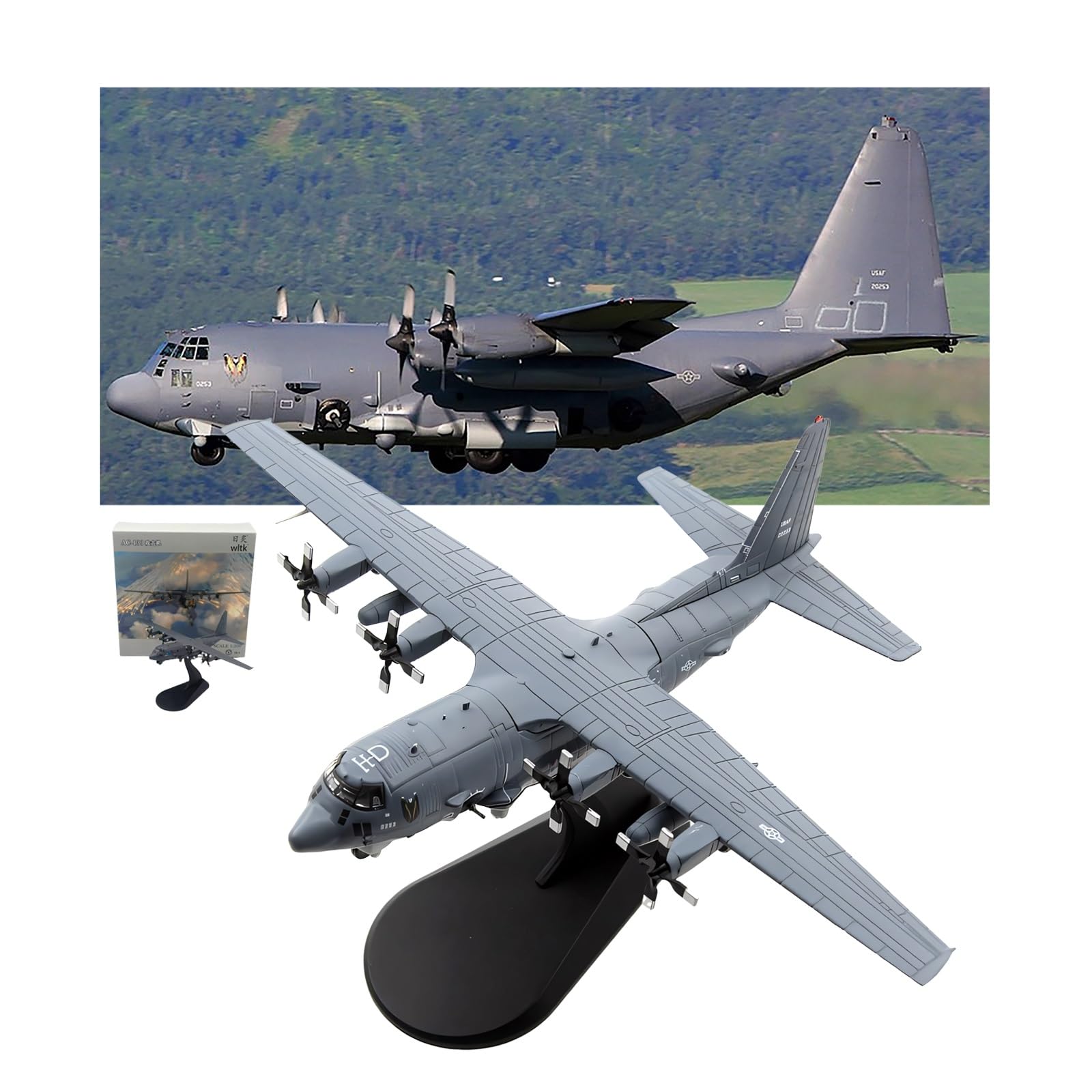 Modello aereo combattimento militare AC130 in scala 1:200, pressofuso, con eliche rotanti metallo, espositore for aereo, regalo collezione for adulti, decorazione for ufficio