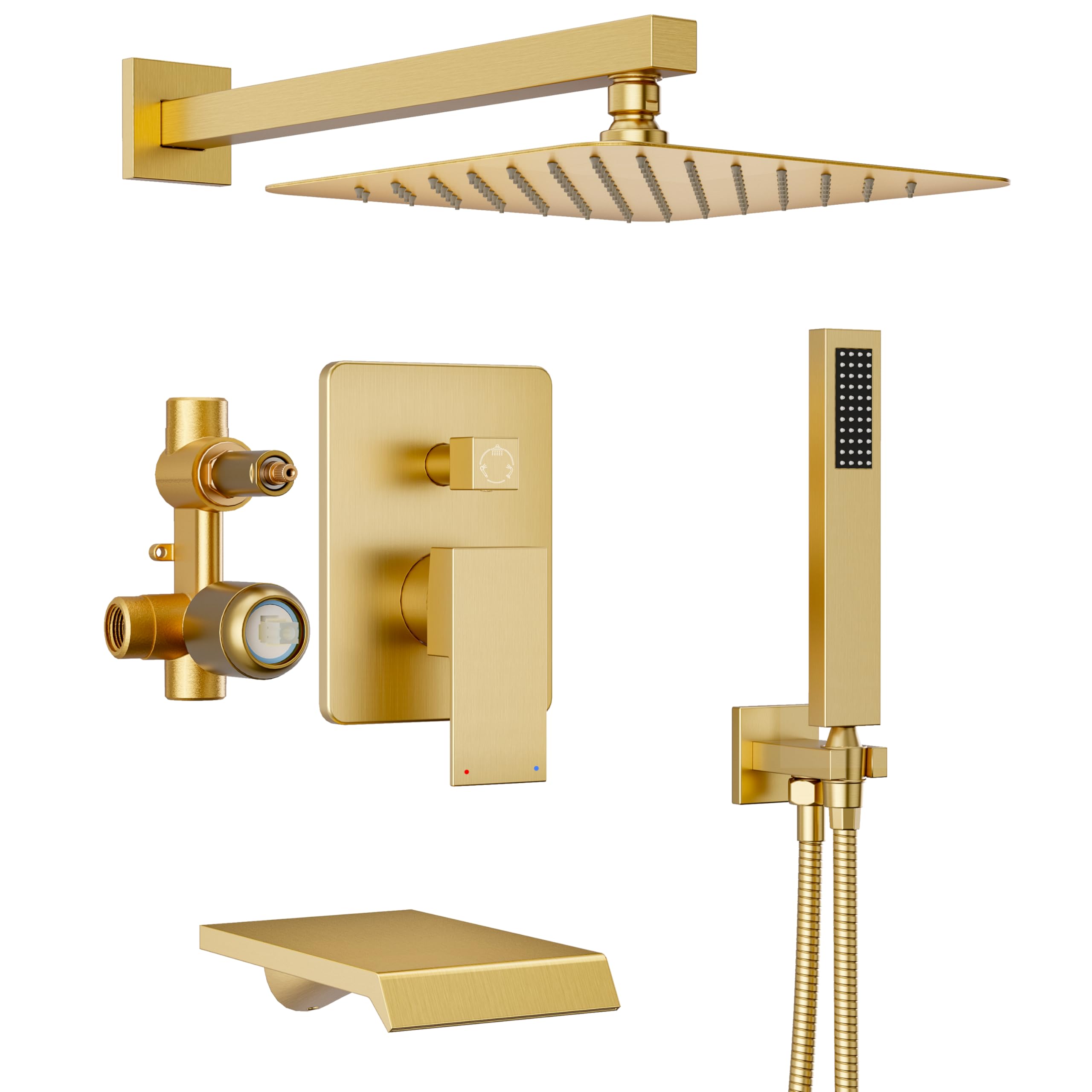 Gold Shower System with Tub Spout, All Metal Tub Shower Faucet Set with 10“ Rain Shower Head and Handheld Spray combo, Wall Mounted Tub Shower System with valve and Trim kit,Brushed Gold