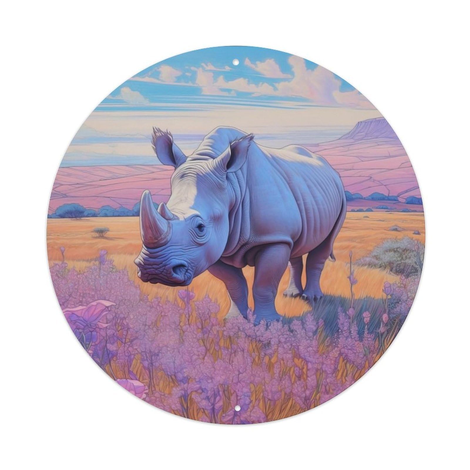 Animal Art Strong Rhinoceros Vintage Metal Tin Sign Plaque Wall Decor for Cafe, Club, Garden Round Metal Poster 8x8Inch
