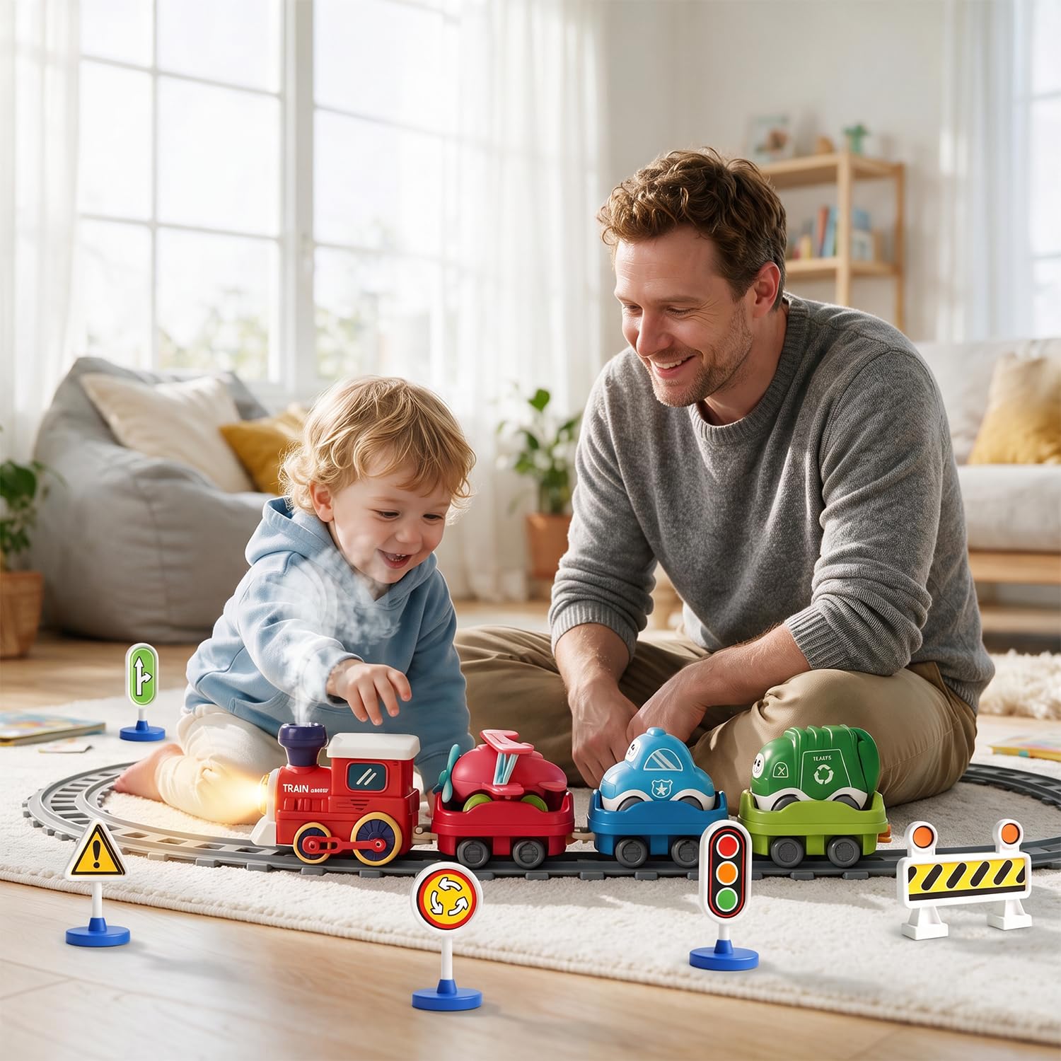 Giocattolo ferroviario elettrico per bambini con vapore, luce e musica