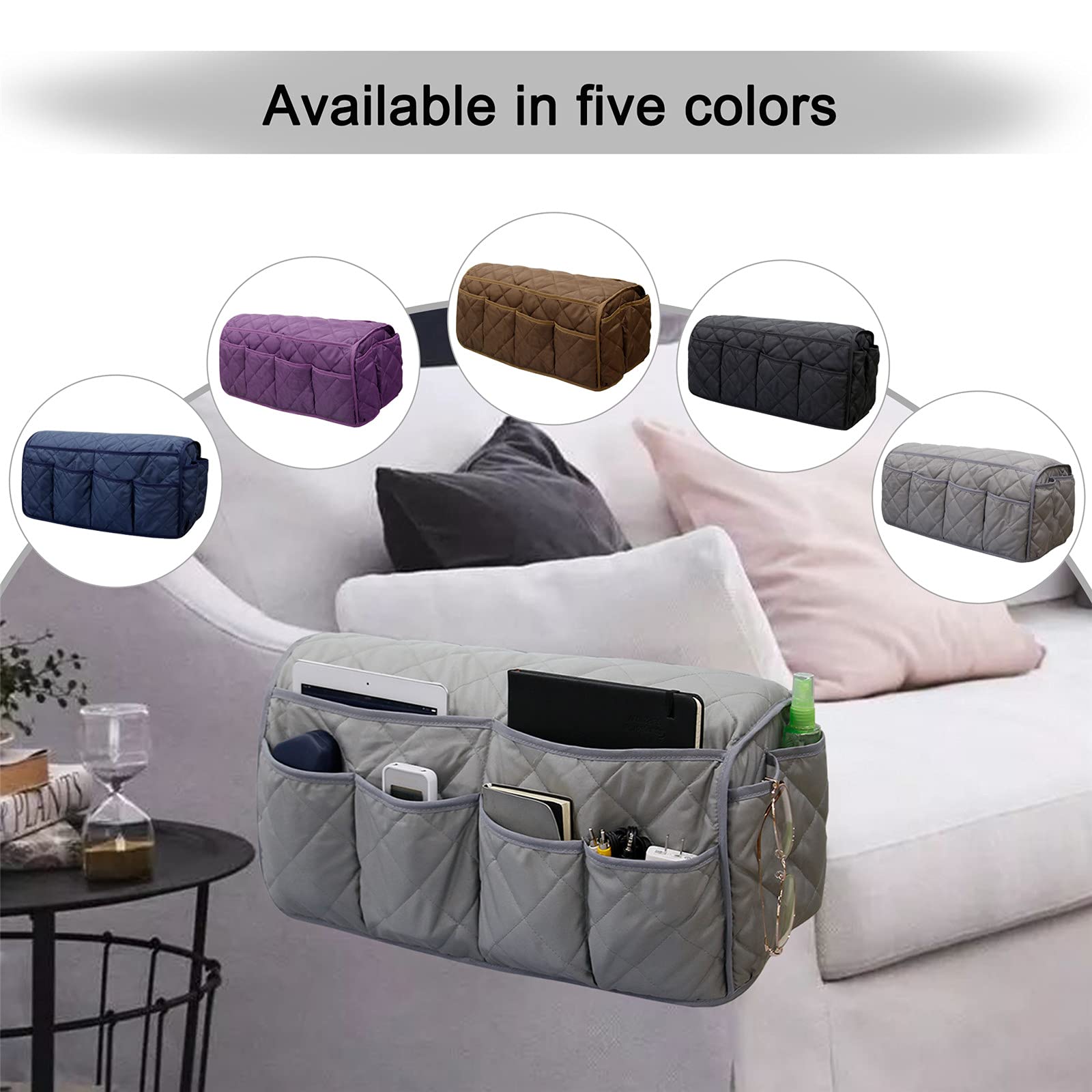 Organizer Per Braccioli Da Divano Con 4 Tasche - Antiscivolo, Resistente, Grigio Chiaro, 36x82 Cm, Porta Oggetti E Snack