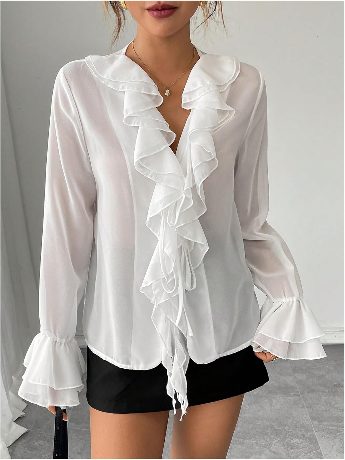 SOLY HUX Women's Long Sleeve Ruffle Blouse V Neck Chiffon Shirts Layered Going Out Tops - Image 5
