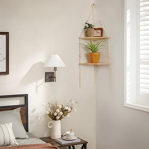 Miniatura 3 de Artilady Estante esquinero blanco para colgar en la pared, estantes flotantes de madera de 2 niveles, estante de pared rústico bohemio para