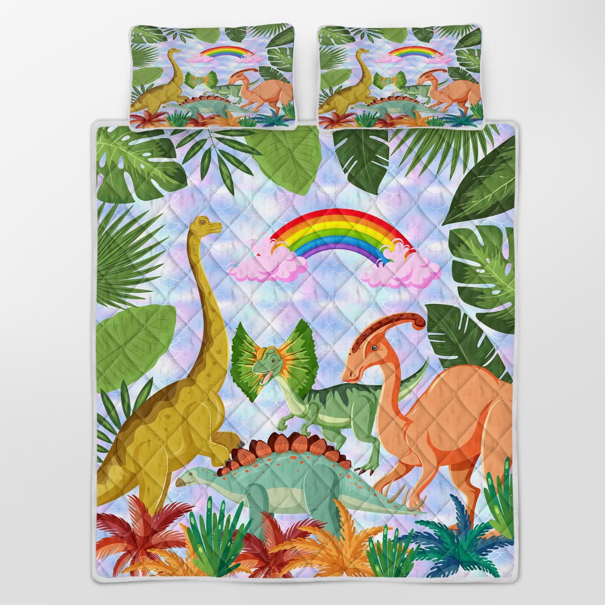 BEDMUST Forest Dino Coverlet Set Full Cute Dinosaur Gifts Toys for Kids Boys Girls Teens Rainbow Plant Leaf Dino Bedding Set 1 Quilt and 2 Pillowcases
