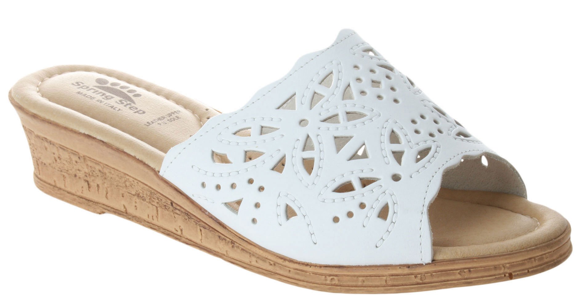 Spring Step Estella Women's Fashion Wedge Slide Sandals – Casual Leather Heel with Geometric Laser-Cut Detailing