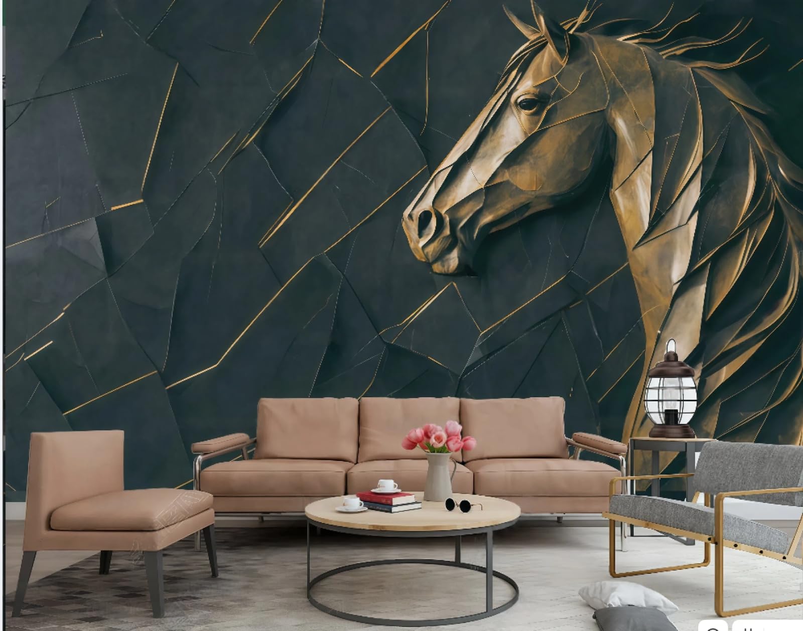 Tapeta Nowoczesna Sztuka Abstrakcyjna Trójwymiarowy Miedziany Koń Tłoczenie Kamienny Wzór TV Sofa Tło Ściana Tapeta Salon Restauracja Kawiarnia Mural, 3D, 430 x 300 cm