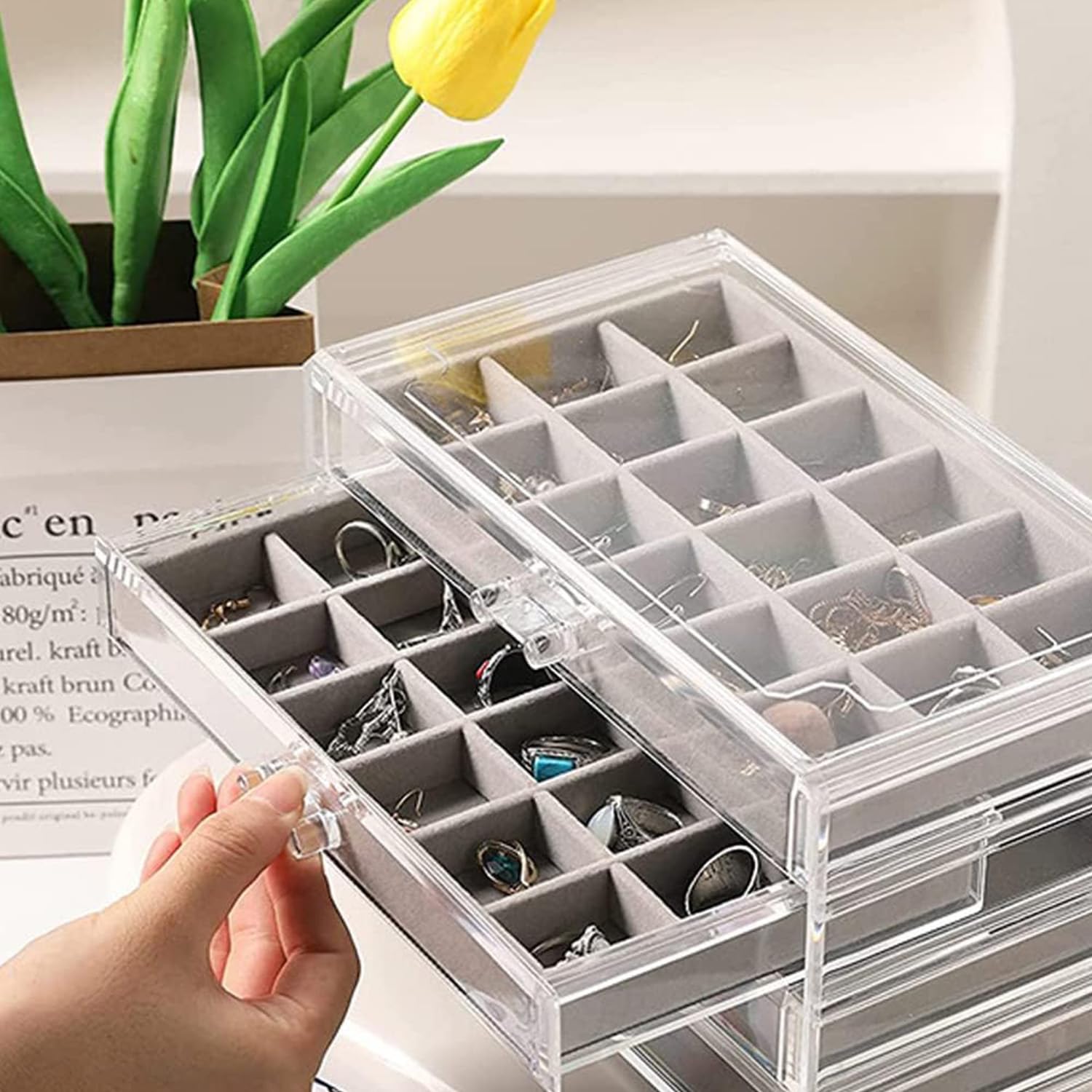 Boîte de rangement pour boucles d'oreilles, Boîte de rangement pour bijoux en acrylique avec plateaux en velours, Organisateur de rangement pour boucles d'oreilles Présentoir pour femmes et