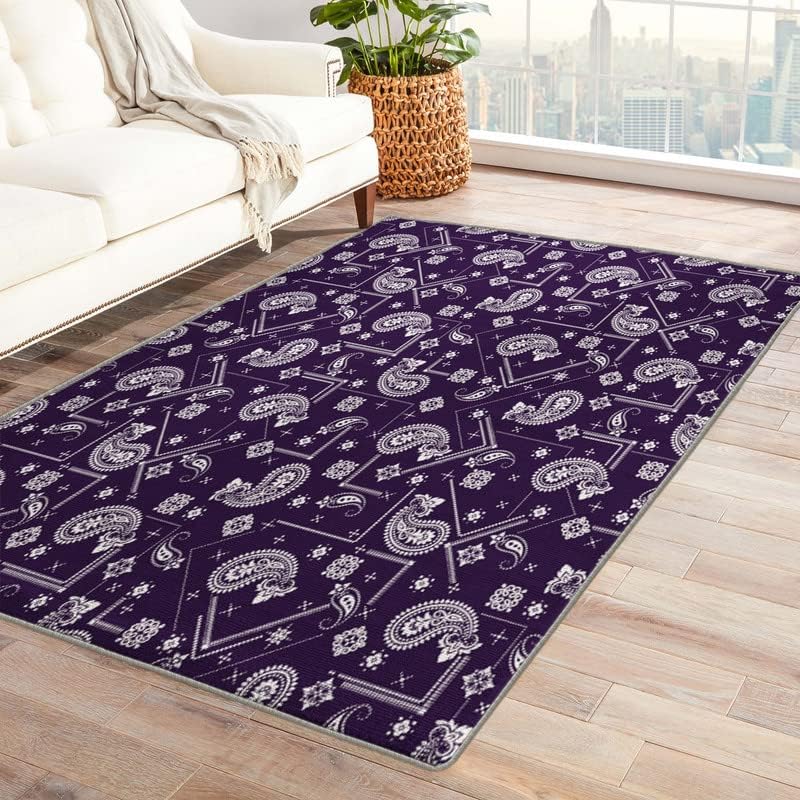 Alfombra bandana y decoración de habitación, alfombra de 3 x 5 pies, alfombras de cachemira para dormitorio, sala de estar, alfombra de área morada,