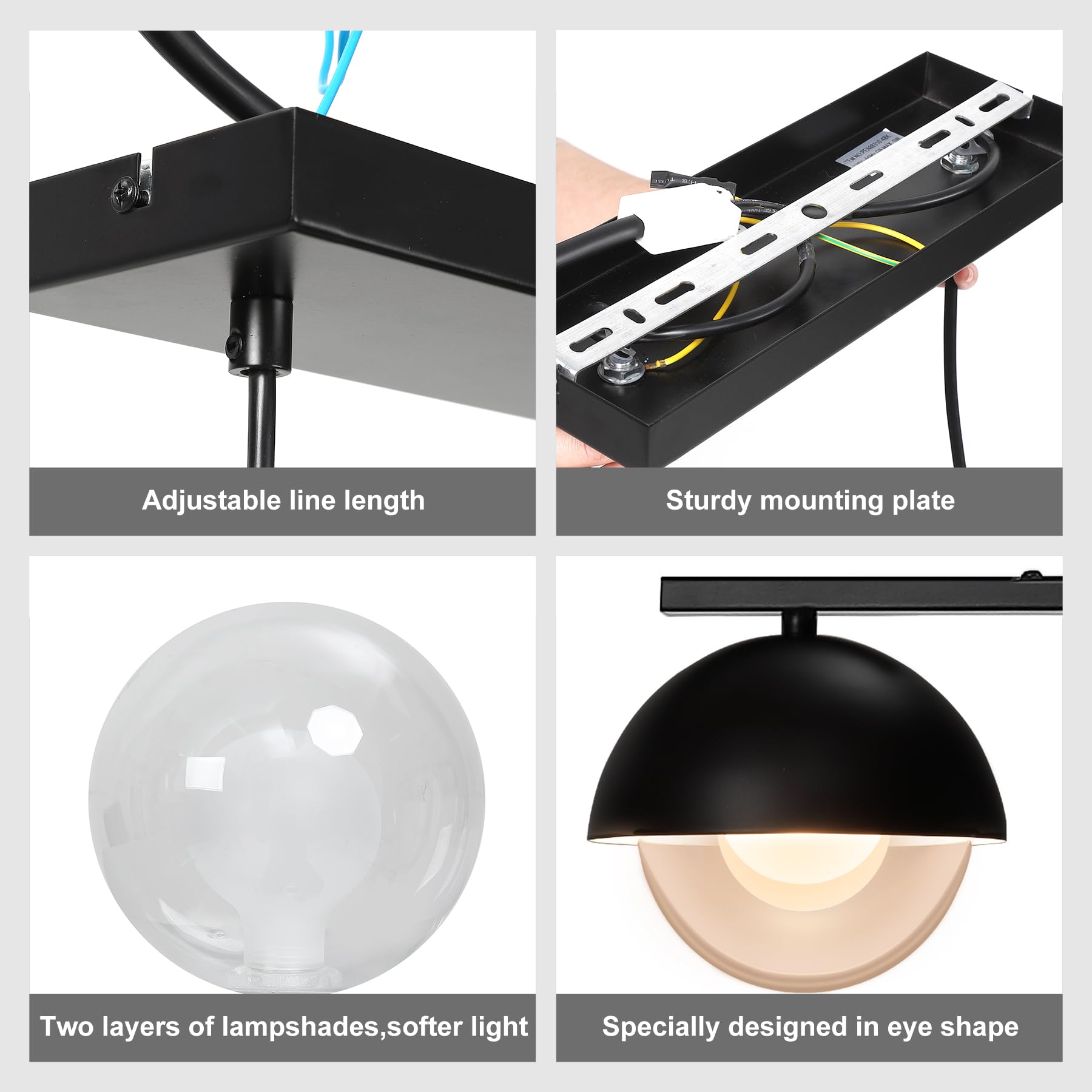 GarveeHome Industrieller Stil – 4-flammige Pendelleuchte – Schwarzes Metall, weiße & klare Glasschirme – Höhenverstellbar – G9 Fassungen – Ohne Leuchtmittel –4xG9, Ø120mm, 300x100xH25mm