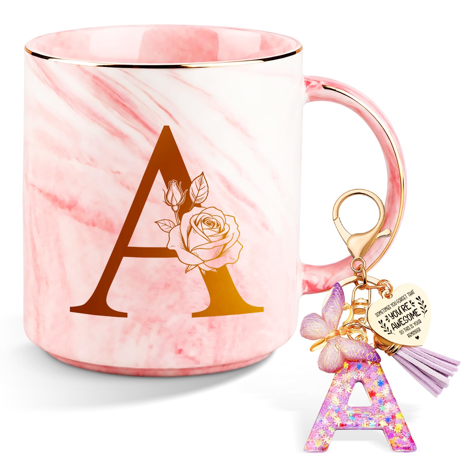 Anruzon Birthday Gifts for Women, Initial A Letter Coffee Mug with Keychain