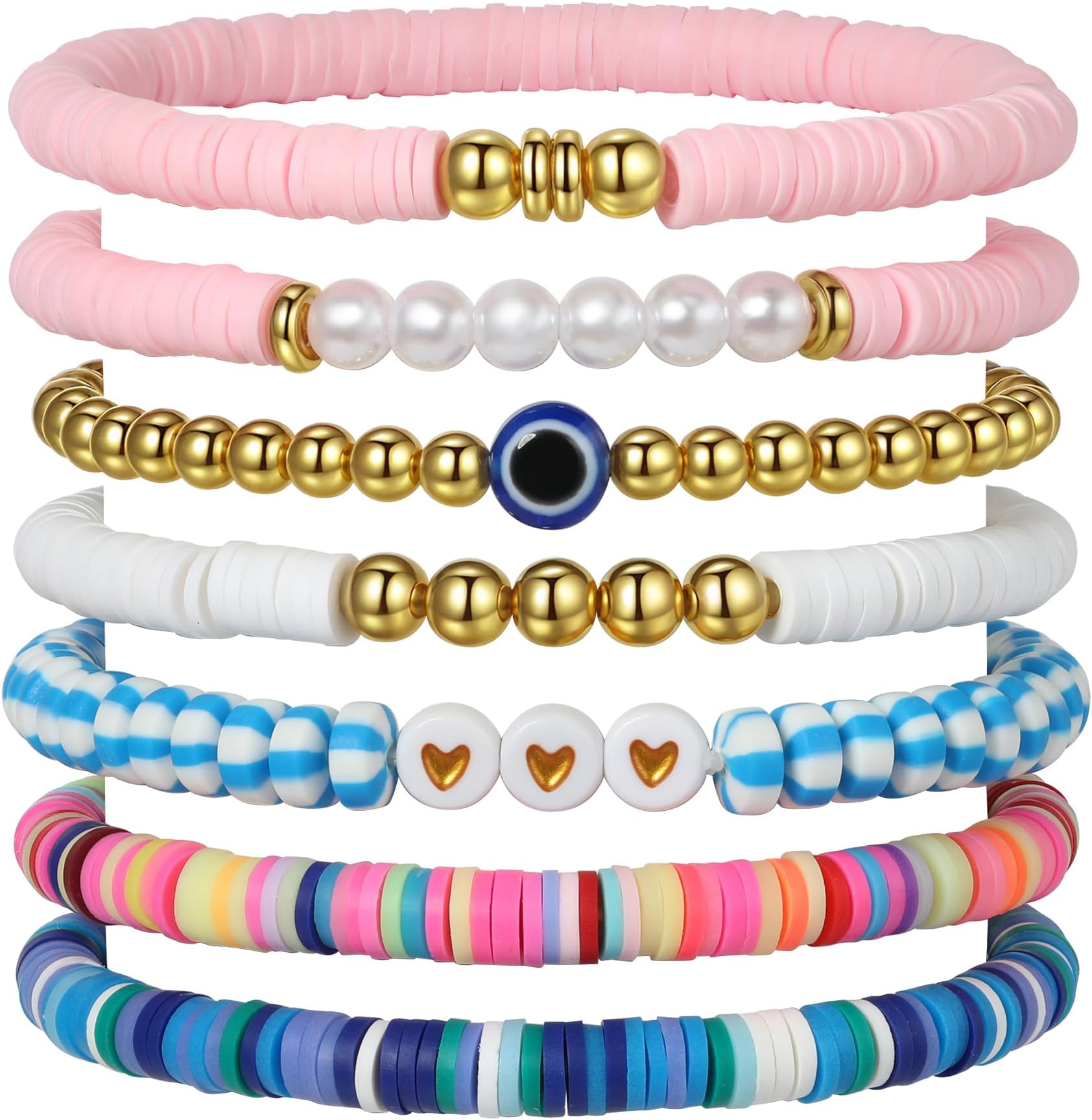 Trendy Friendship Bracelets Set - Heishi Stackable Polymer Clay Beaded Stretch Bracelets for Women: Boho, Preppy, Beach, Western,Christmas - Ideal Gifts