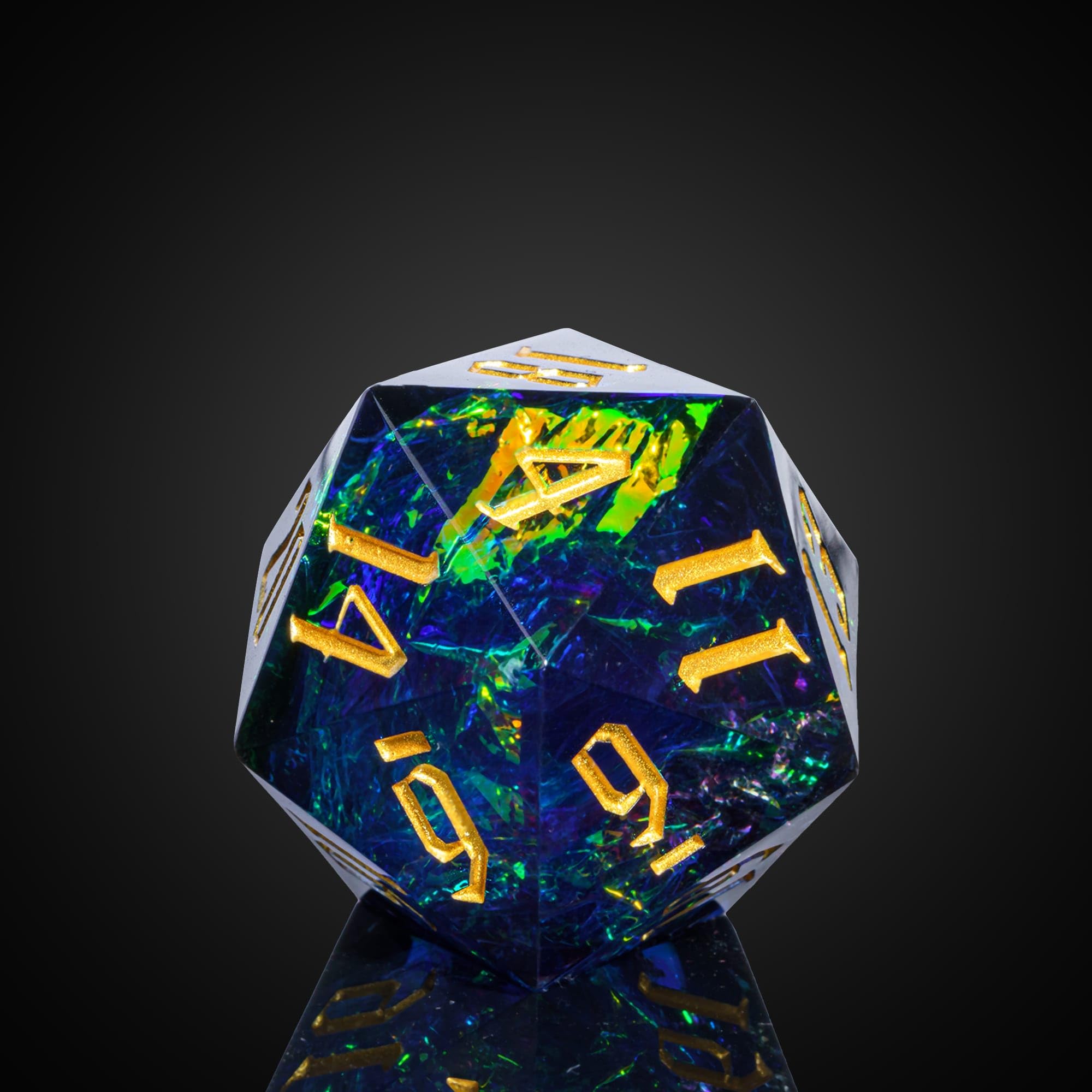 Cusdie 33MM D20 DND Dice with Sharp Edges and Glitter Foil Inclusions, Single 20 Sided D&D Dice, for Role Playing Game Dungeons and Dragons Gift(Black Blue)