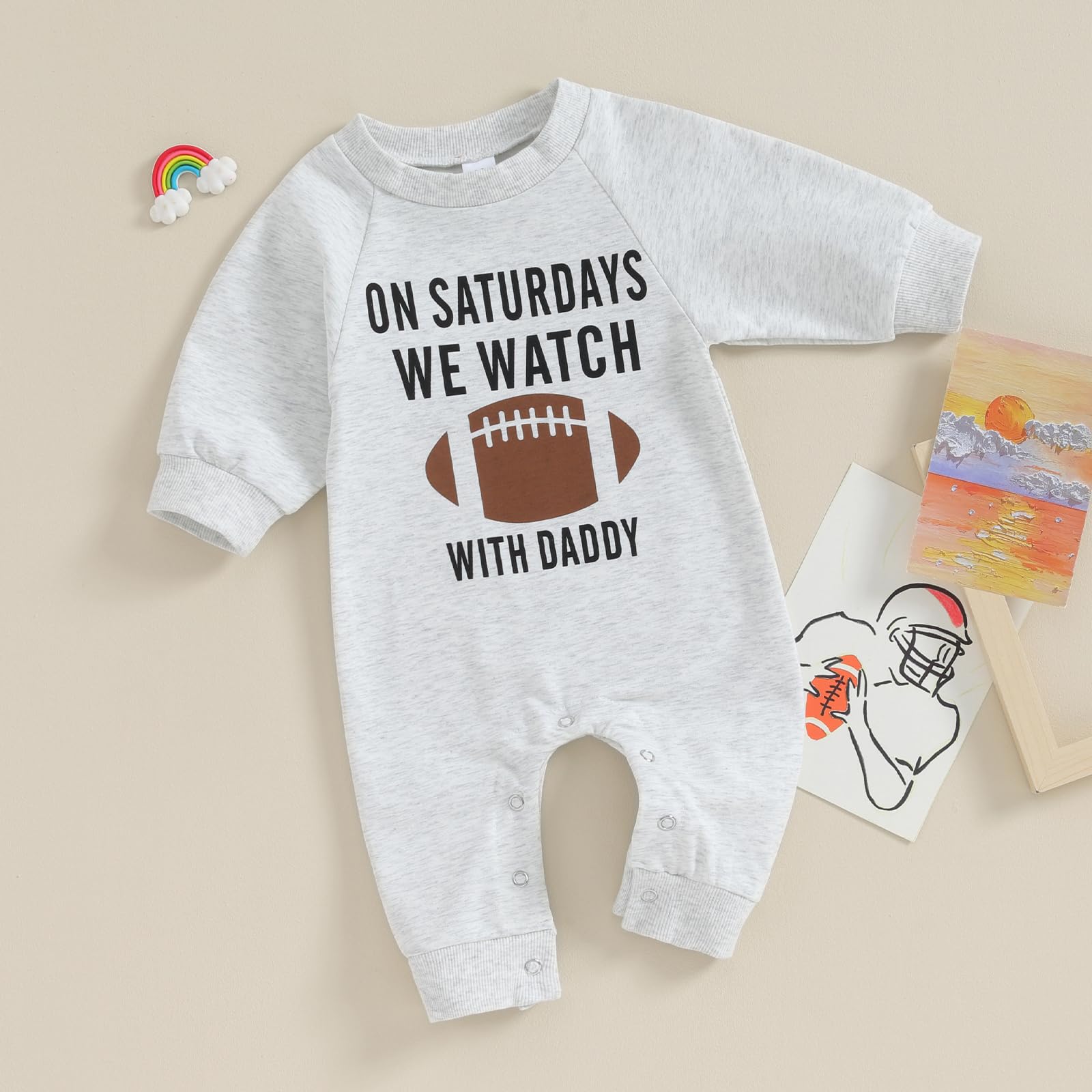 BULINGNA Infant Baby Boy Girl Jumpsuit on Saturdays We Watch Football Game with Daddy Long Sleeve Funny Romper Fall Playsuit (Gray, 0-3 Months)