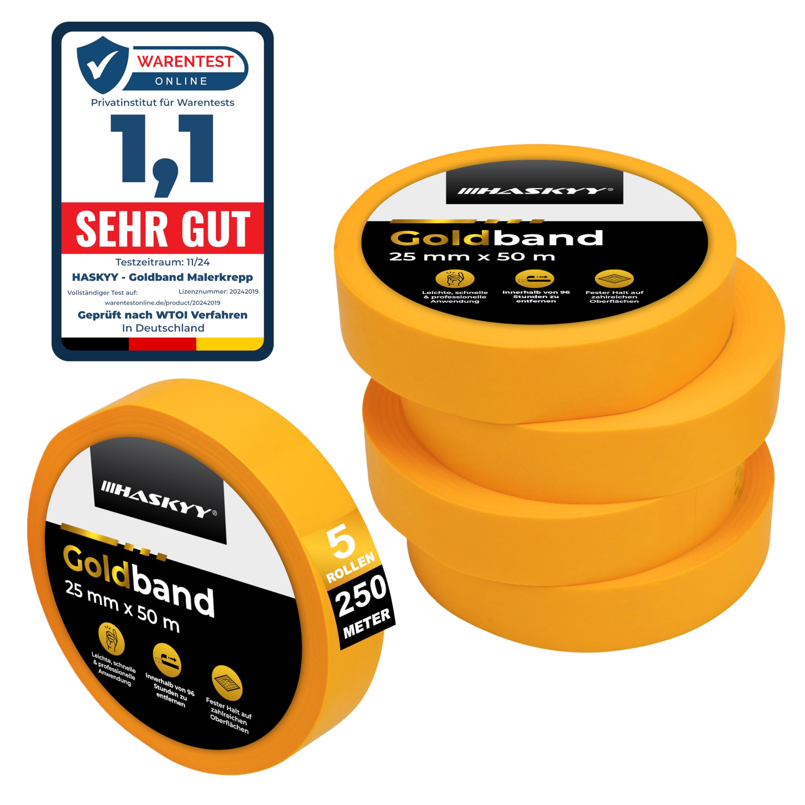 HASKYY Goldband Malerkrepp Kreppband 5x Malerband 25mm x 50m Profi Abdeckband Malertape Klebeband Washi Tape Gold Papiertape Selbstklebend
