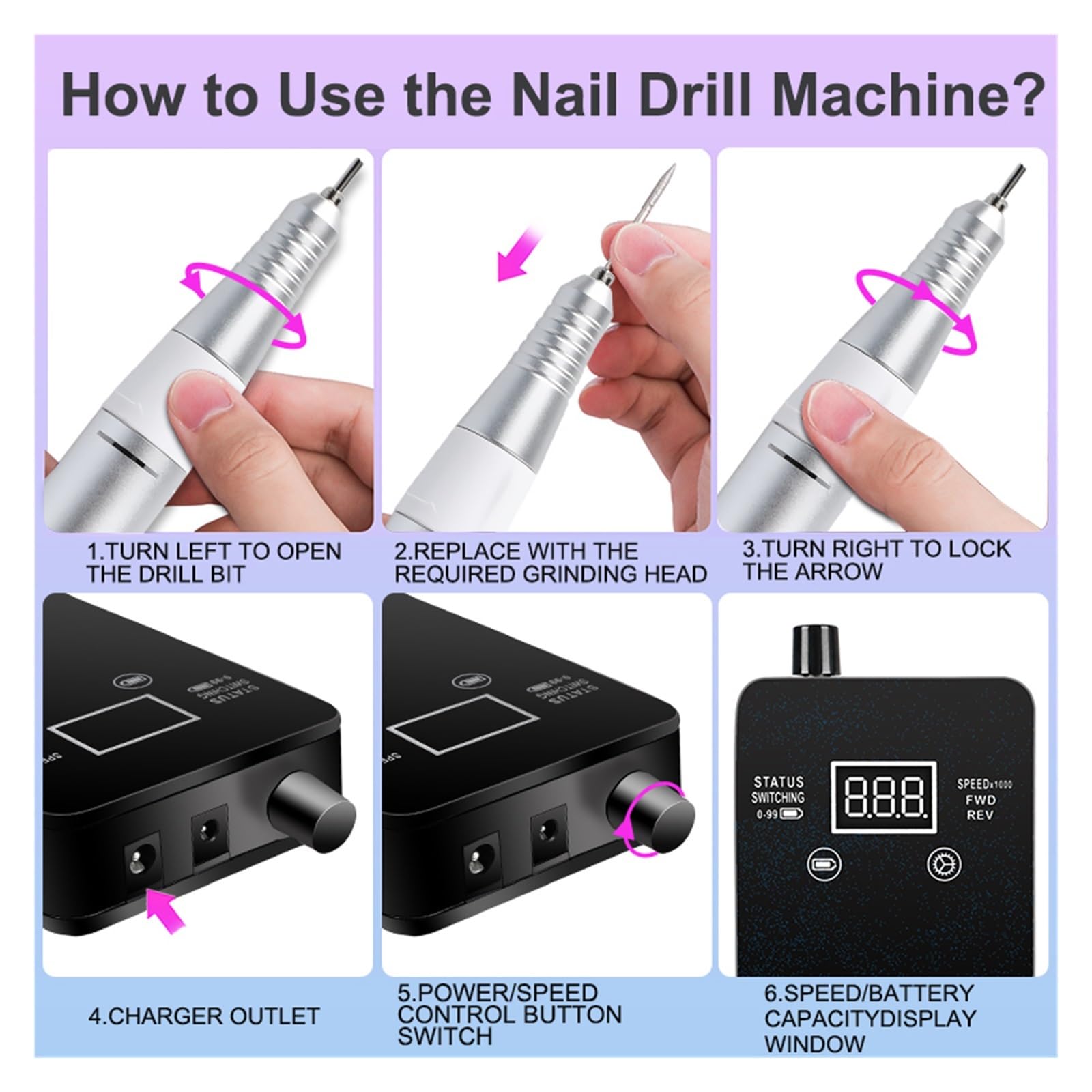 Nagelfräser, Tragbare 30000 U/min wiederaufladbare Nagelbohrmaschine, Nagelschleifer-Set, elektrische Hochgeschwindigkeits-Maniküre-Bohrmaschine for Modelliersalon-Werkzeuge
