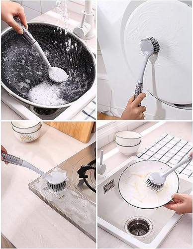 Miniatura 2 de TIAN CHEN Cepillo para limpiar platos, 2 piezas, cabeza redondatriangular, cerdas rígidas de mango largo con raspador para fregadero, sartén, olla,