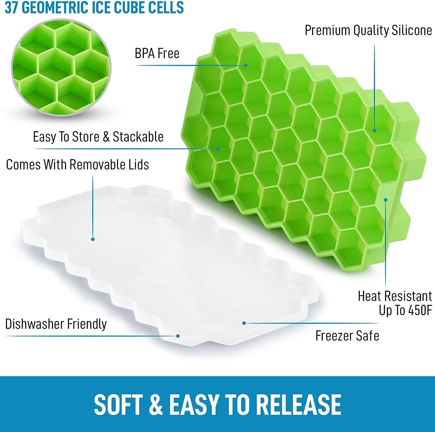 2 Pcs Ice Cube Trays Silicone Ice Cube Molds, Easy-Release and Flexible 37 Ice Trays BPA Free, for Whiskey Cocktail, Stackable and Safe Ice Honeycomb Small Cubes Fridge Bar Soft Tray (with Lid) (2)