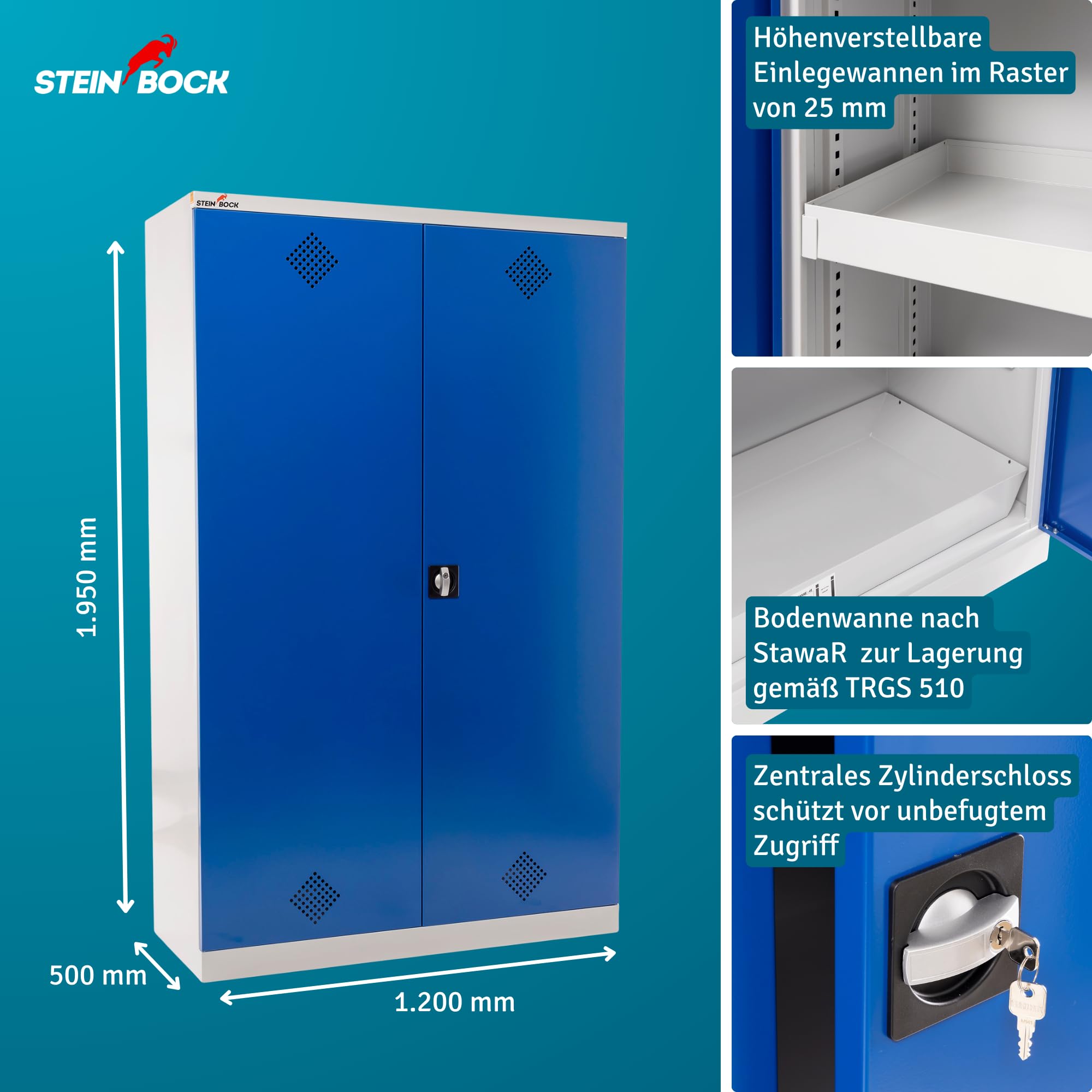 Steinbock Gefahrstoffschrank aus Stahlblech für wassergefährdene Stoffe bis WGK 2 | HxBxT 195 x 120 x 50 cm | Bodenwanne nach StawaR | vollmontiert | Chemikalien- und Giftschrank mit Zylinderschloss