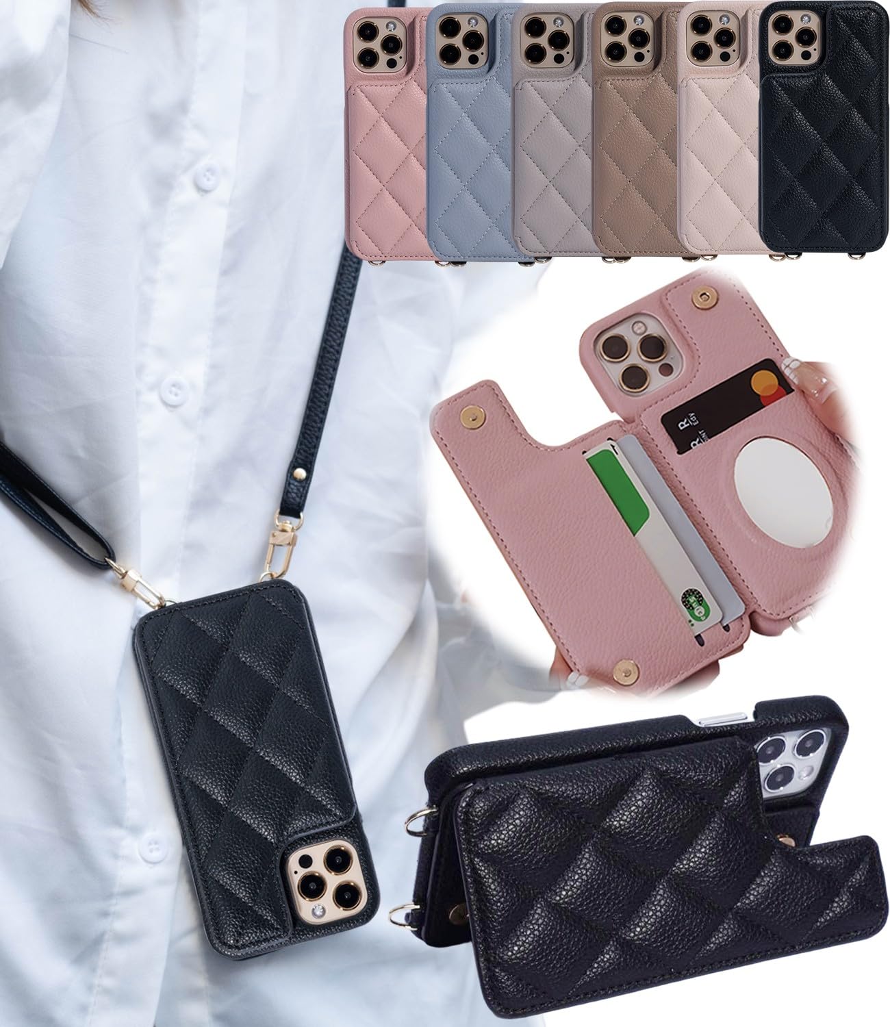 Liisea iphone 15 pro ケース ショルダー カード収納 いphone15pro ケース 手帳型 iphone15pro ケース ストラップ 付き iphone15pro ケース 手帳型 スタンド アイフォン15pro ケース iphone15プロ ショルダー ケース iphone15プロ 耐衝撃 おしゃれ 可愛い 肩掛け 斜めかけ ミラー付き カード入れ ブラック