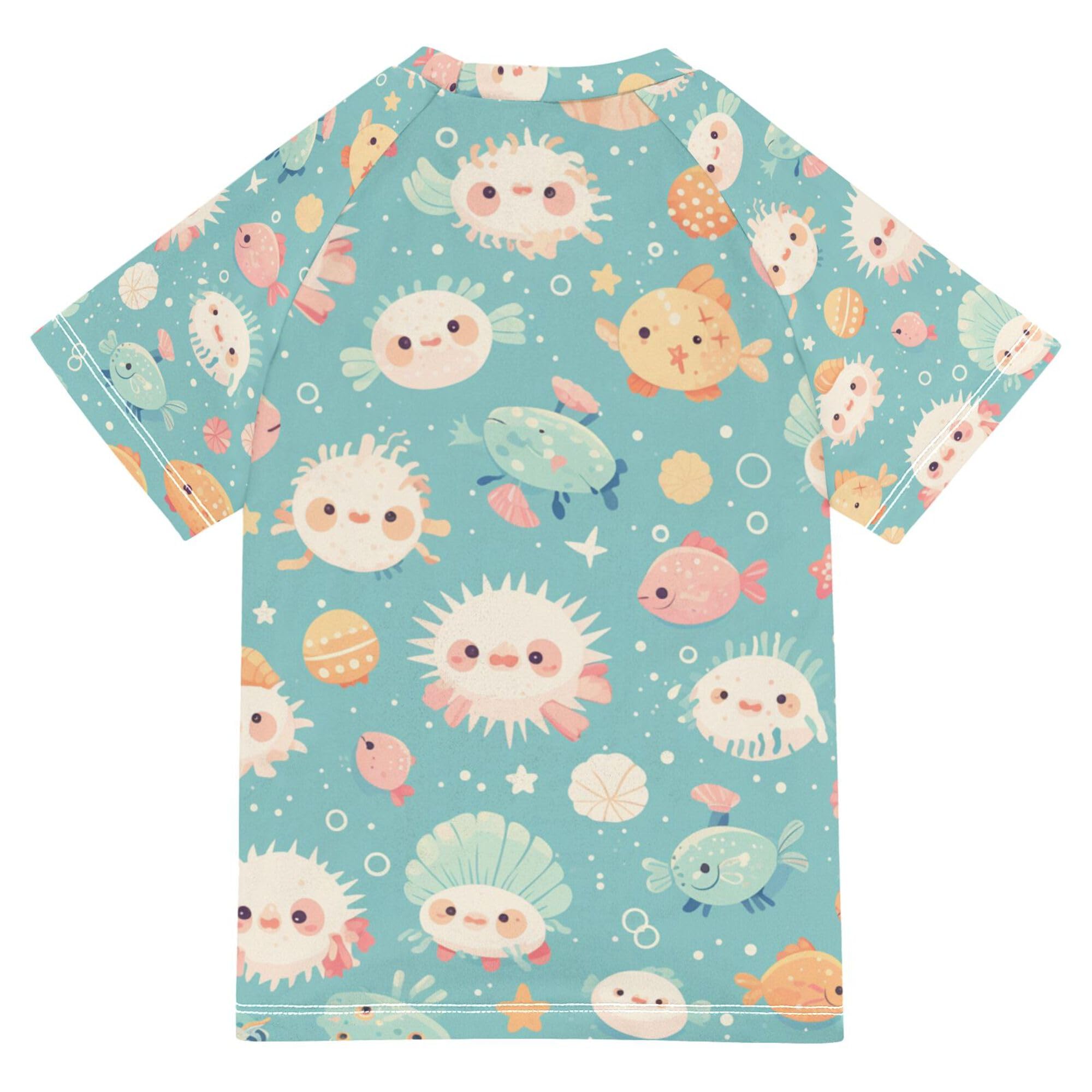 Colorful Pufferfish Girls Bathing Suit Sun Protection Girls Rashguard Swimwears Baseball Shirts for Little Boy 5-6T