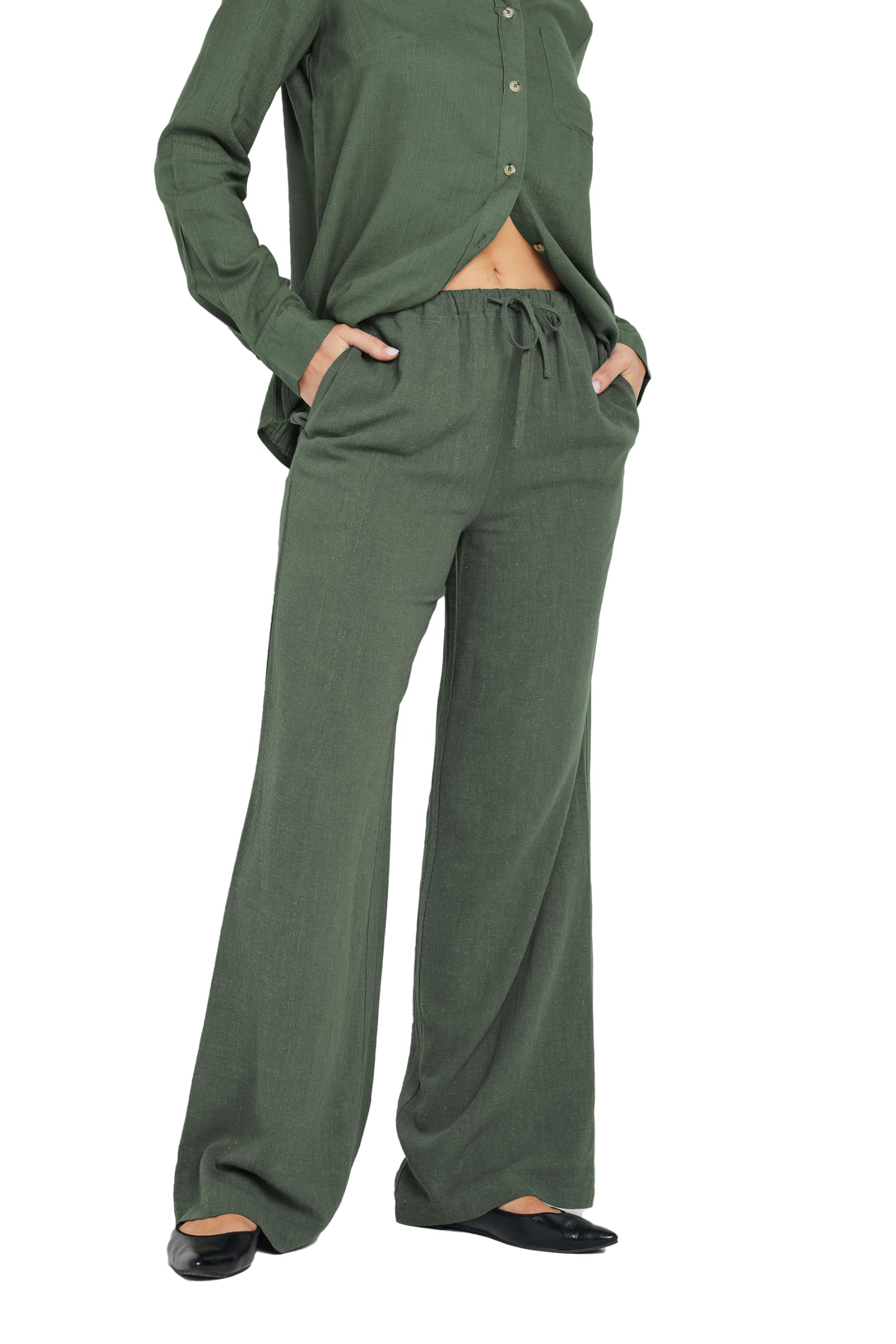 Long Tall Sally - LTS Tall Green Linen Tie Waist Trousers - Women's