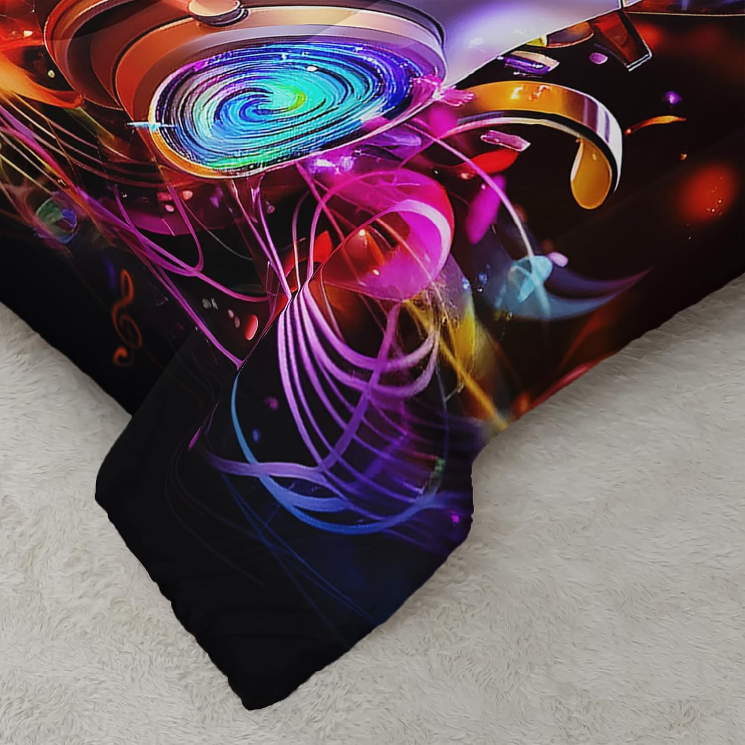 Music Bedding Set for Boys and Girls, Queen Size Galaxy Headphones Comforter with Colorful Rainbow Quilt Design, 3 Piece Music Comforter Set Perfect for Kids and Teens