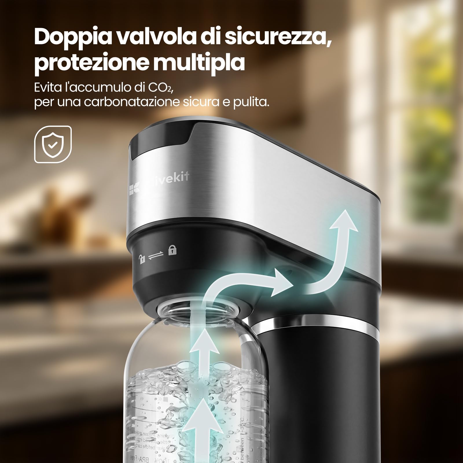 LLIVEKIT Gasatore d’acqua con 4 Livelli di Effervescenza, Gasatore Manuale con Bottiglie in PET senza BPA da 0,5 L e 1 L, Corpo in Acciaio Inox, Doppia Valvola di Sicurezza, Nero