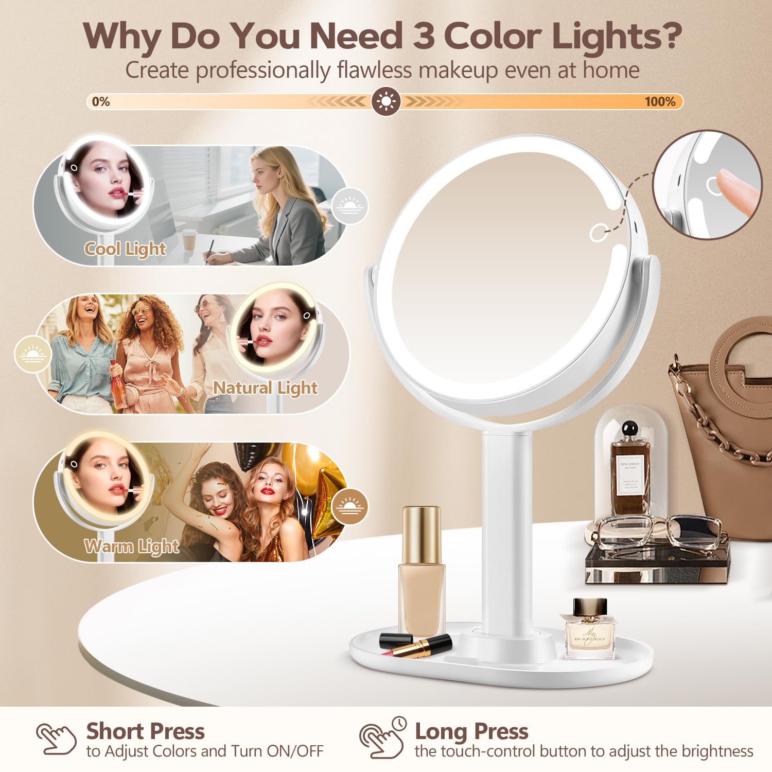MIYADIVA Specchio per il trucco con luci, ingrandimento 30x, con interruttore su 2 lati, specchio cosmetico con 3 colori e luminosità regolabile, 80 LED, regalo ideale per il trucco quotidiano e la
