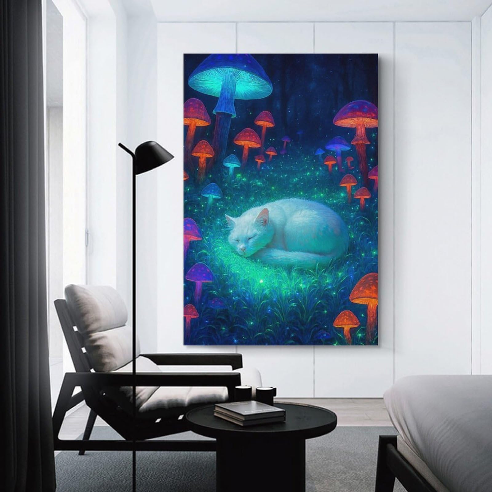 Junmoney Unframe-Style-19 Canvas Wall Picture Dreamy Cat In Mushroom Forest, 20X30inch(50X75cm), For Bedroom, Lounge Or Dressing Area, Stylish Decor For A Restful Room Update