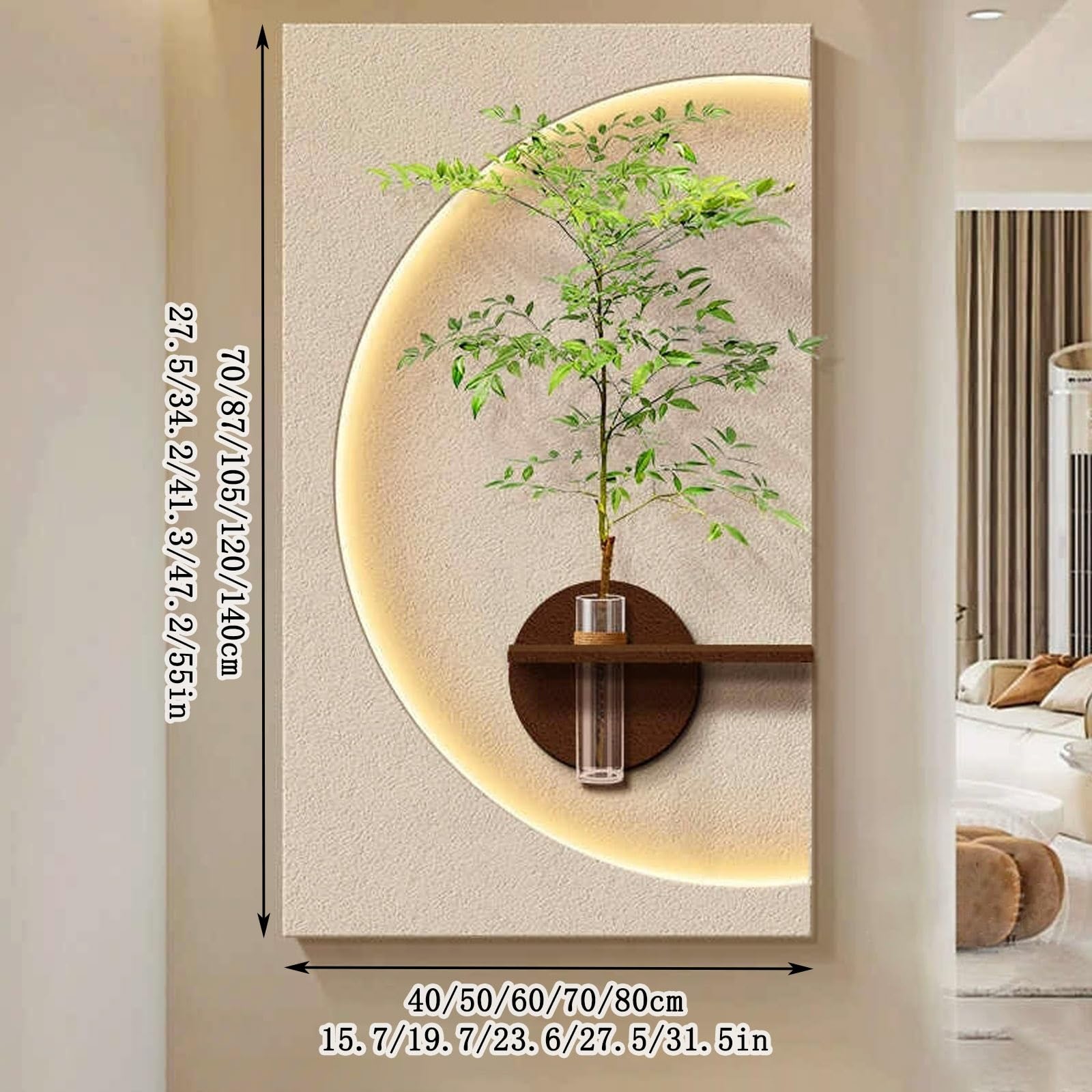 3D-Wandkunst-Dekoration mit Vase und künstlichen Pflanzen, LED-Wandkunst-Dekor aus Sandsteingrün, Wandbild-Dekor für Wohnzimmer, Eingang, Flur(A,50x87cm/19.7x34.2in)