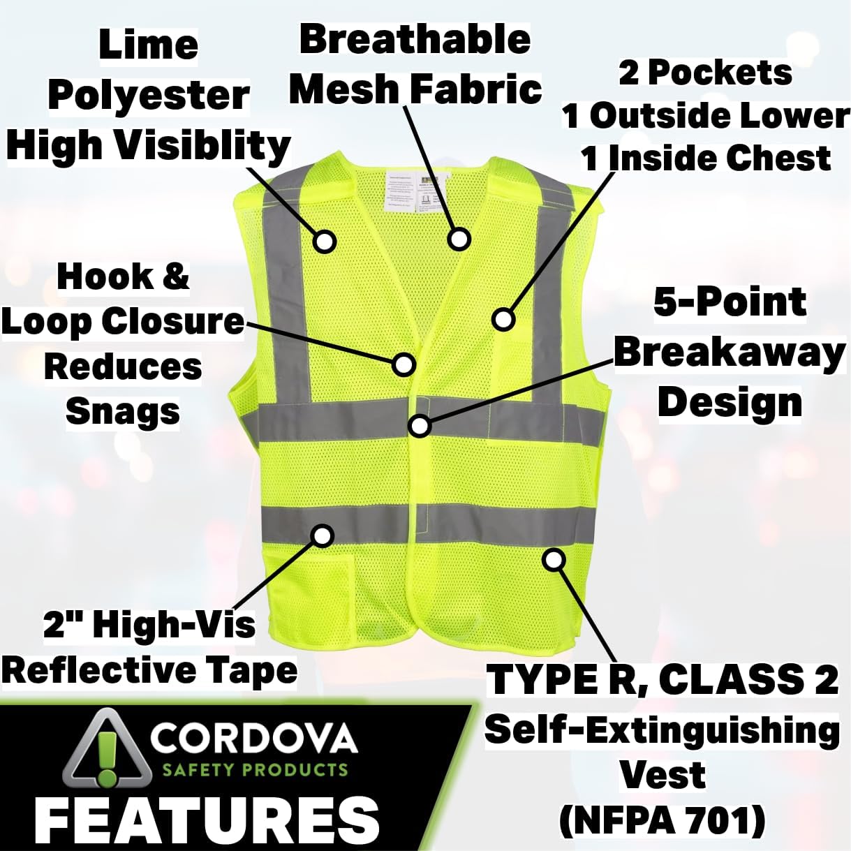 Cordova VB221PFR Type R, Class II, Limited FR, 5-Point Breakaway Vest, Lime Mesh, Silver Reflective Tape - Image 3