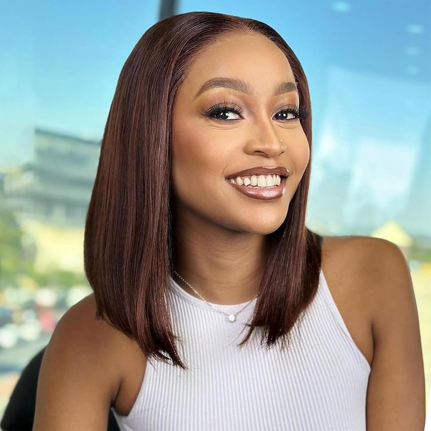 Hihmarm Chocolate Brown Lace Front Bob Wig Human Hair 13x4 HD Lace Front Wigs Human Hair Pre Plucked Short Straight Bob Lace Frontal Wigs For Black Women 4# Colored Glueless Wig 180% Density 12 Inch