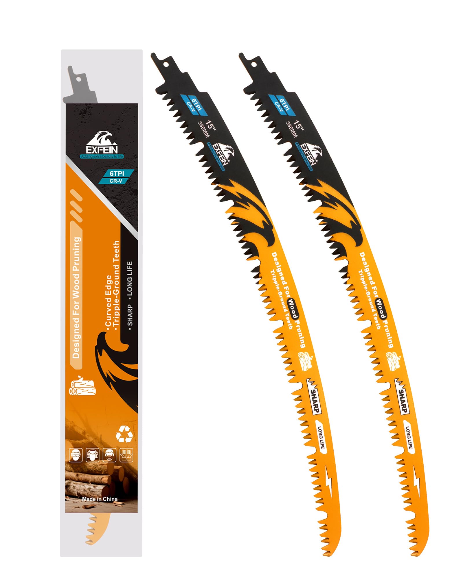 EXFEIN Japanese Teeth Reciprocating Saw Blades 380mm, Arc Edge Wood Pruning Saw Blades 6TPI for Tree Trimming, Wood Cutting, 2 Pieces