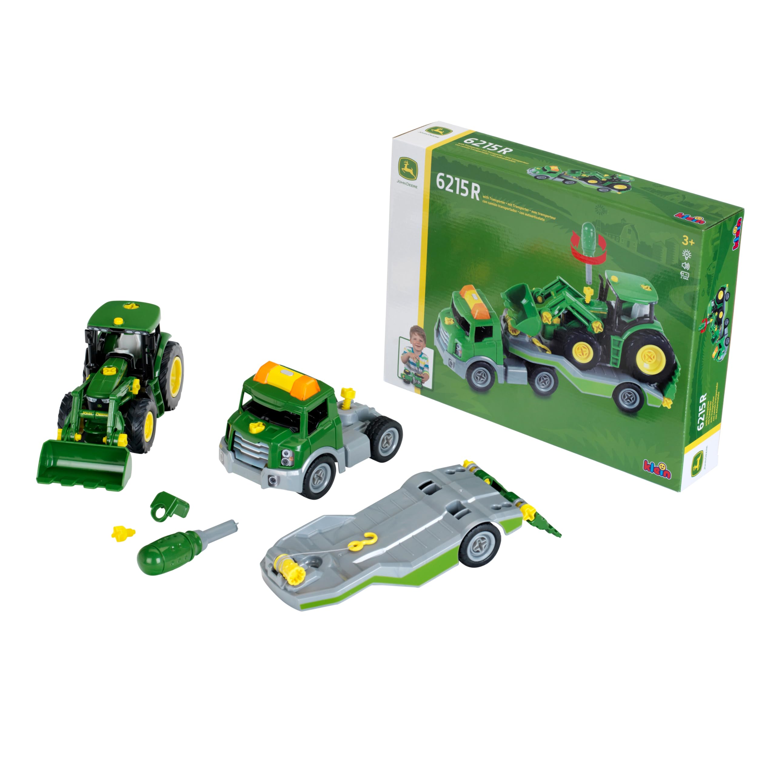 Theo Klein 3908 Transporter z traktorem John Deere I Zestaw śrubowy wraz ze śrubokrętem I Zabawki dla dzieci od 3. roku życia