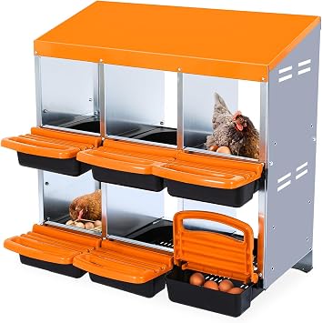 Chicken Nesting Boxes, Roll Away Nesting Box 6 Hole Metal Chicken Egg for Chicken Coop, Swing Perch and Rollout Egg Collection, Orange