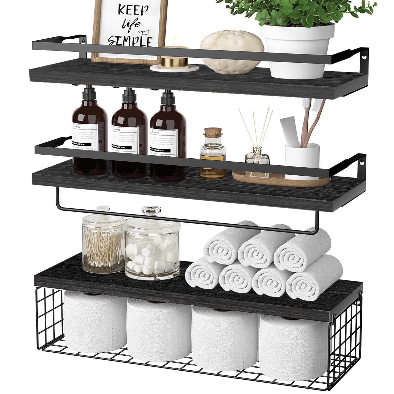 22 inches Bathroom Shelves Floating Shelves with Storage Basket, Over Toilet Shelves, Wall Mounted Wood Shelves for Bathroom, Bedroom, Living Room, Set of 3 (Black)
