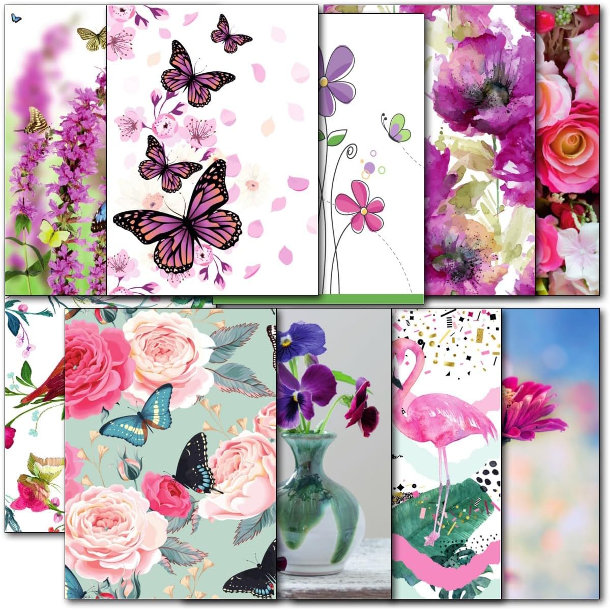 doodlecards Pack 10 Mixed Blank Floral Flowers Notelets/Notecards/Greeting Cards, Birthday or Thank You. 100% Recyclable. Made in The UK.