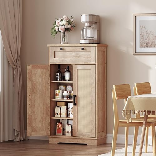 HOOBRO Pantry Cabinet, Kitchen Pantry Cabinet with Rattan-Like Decoration,Storage Cabinet with Drawer and Adjustable Shelf, Farmhouse Style Kitchen Pantry for Kitchen, Dining Room, Natural NL12PC01