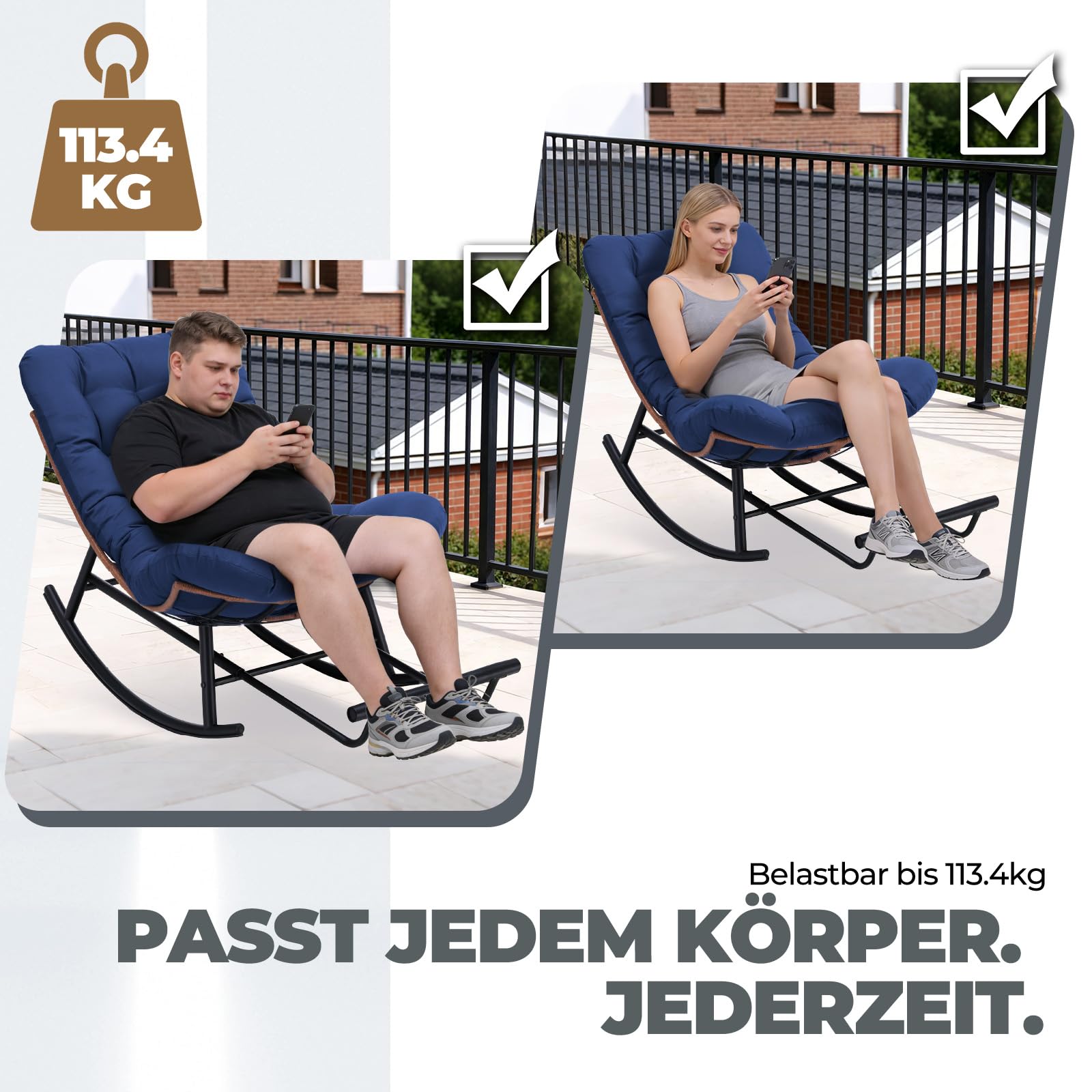 COMHOMA Übergroßer Schaukelstuhl, breite Schaukelliege mit extra dickem Sitzkissen, bequemer Loungesitz für den Innen- und Außenbereich, Wohnzimmer, Terrasse, Garten, Veranda (blau)