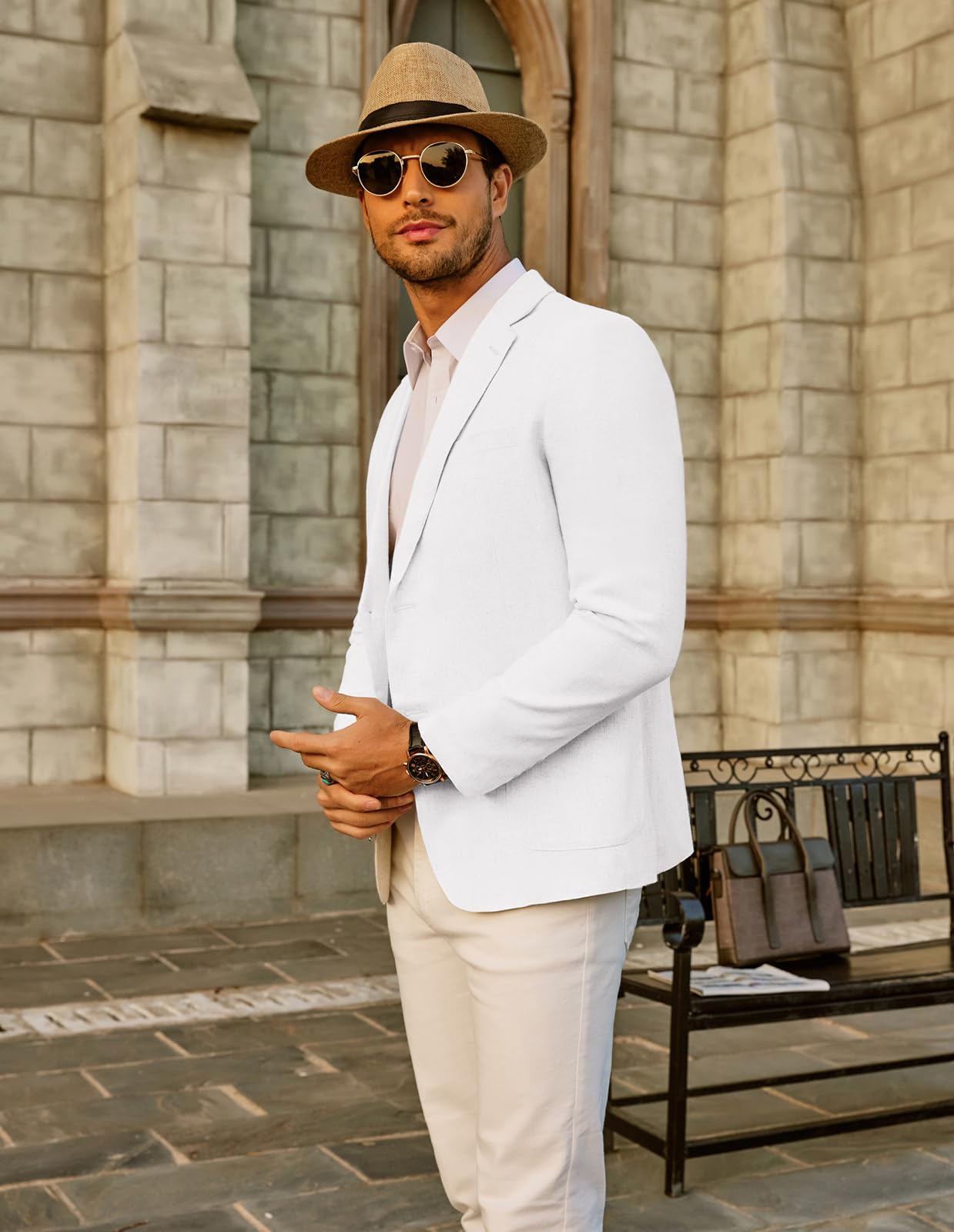 PJ PAUL JONES Veste en lin à coupe ajustée décontractée pour homme, légère, 2 boutons, veste sportive, coupe silencieuse, blanc, XXL