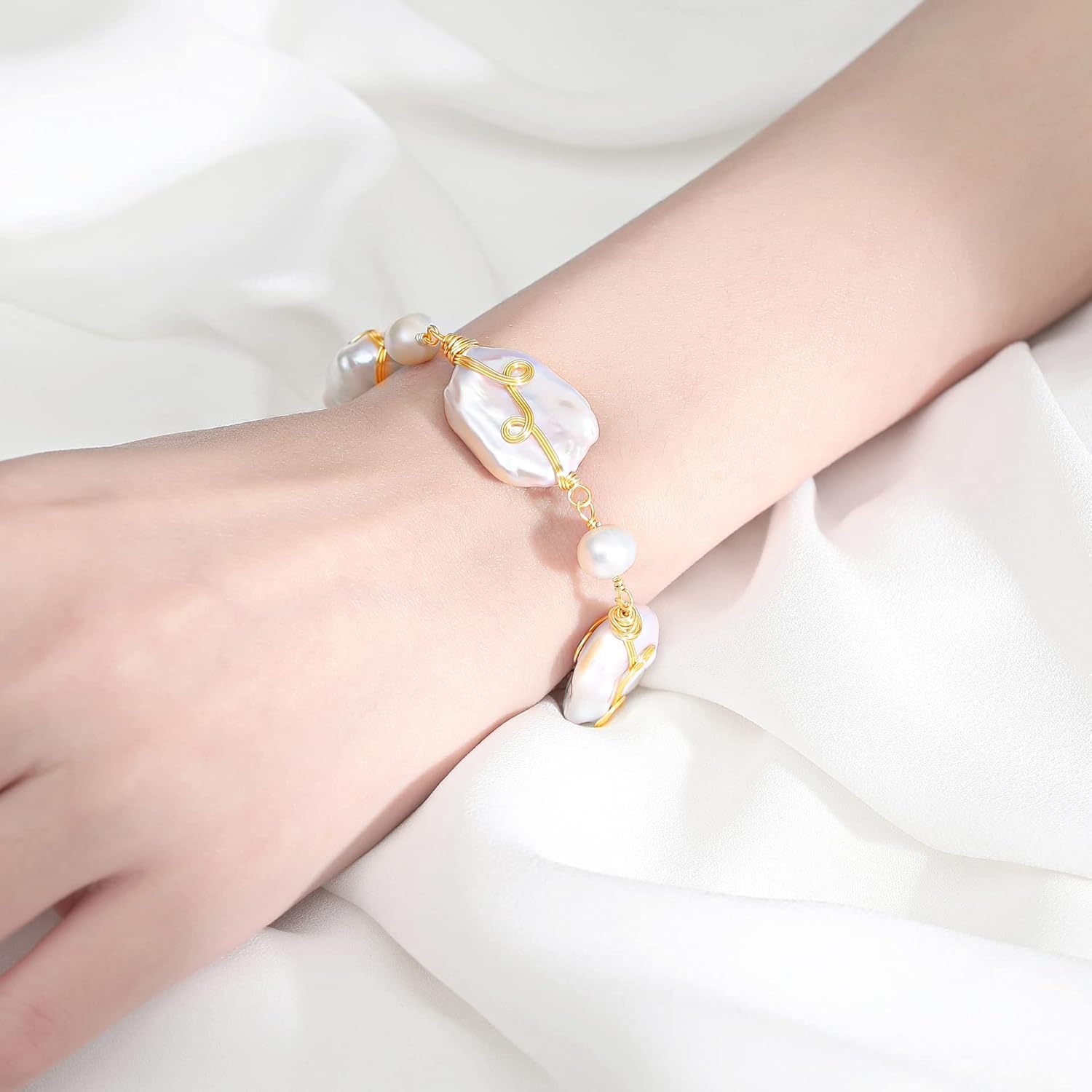 Baroque Pearl Bracelet for Women Bohemia Freshwater Cultured Baroque Pearl Gold Filled Stretch Bracelet Gift for Mother - Image 6