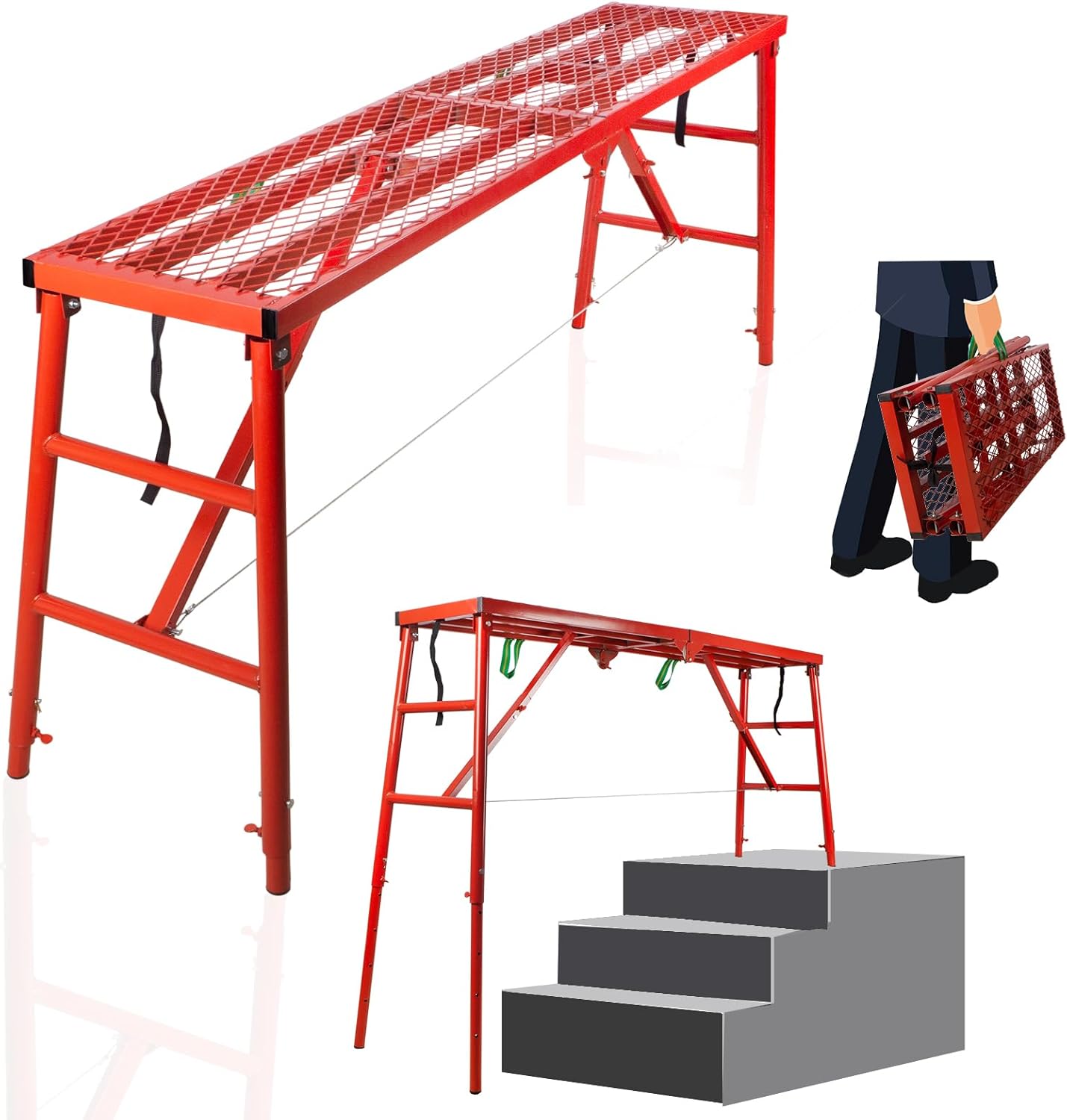 Folding Scaffolding Platform, 71(L) x15.7(W) x51(H)''770 Lbs, Adjustable Steel Industrial Step Ladders, Portable Heavy Duty Work Platform for Construction Sites and Renovations