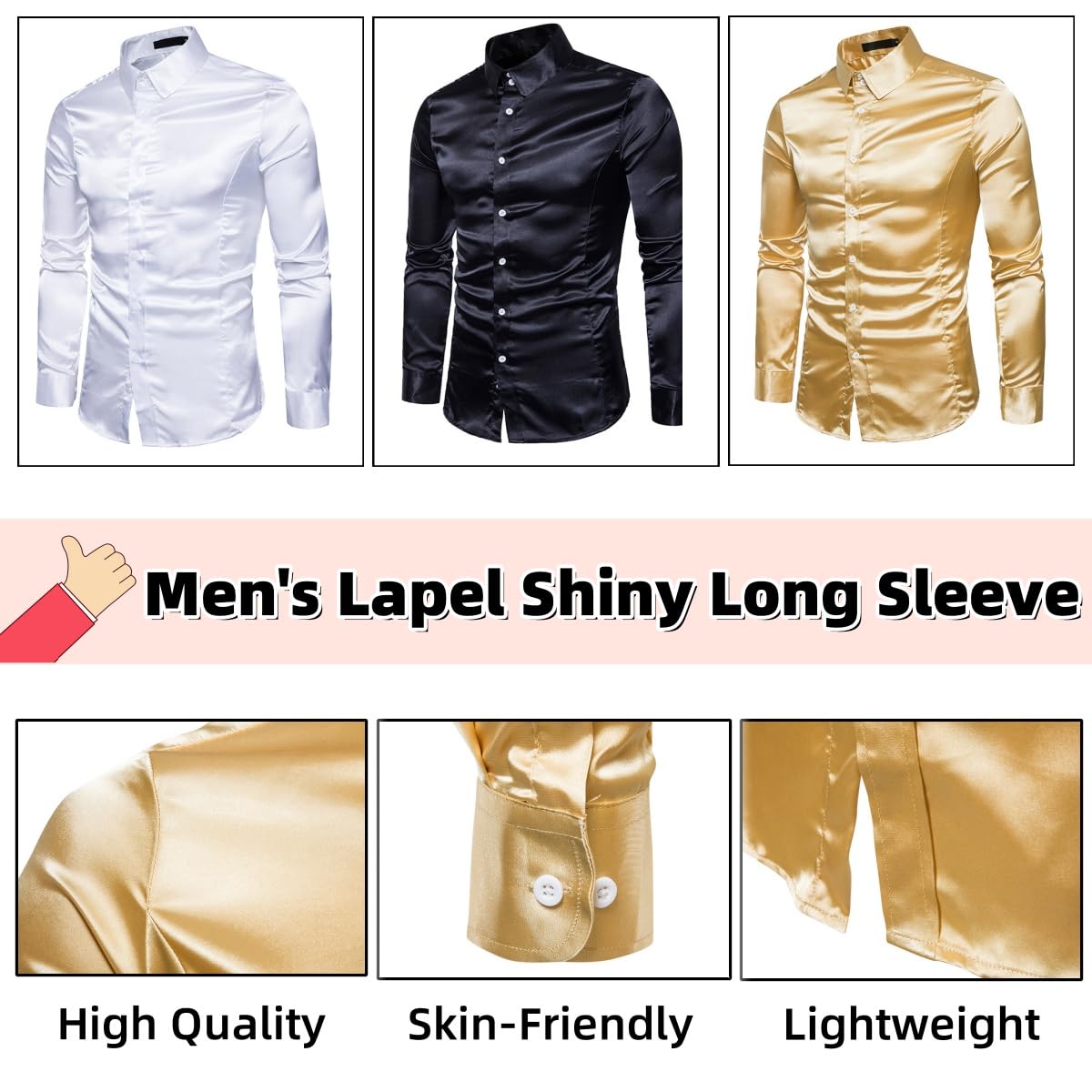 Camicia da uomo, camicia a maniche lunghe in raso lucido come seta, camicia a maniche lunghe con bottoni, camicia da smoking liscia senza pieghe, tinta unita, camicette casual per danza, discoteca